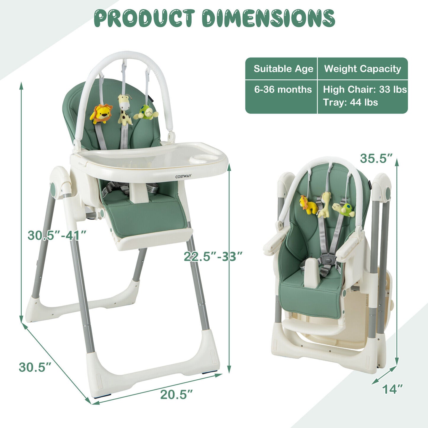 4-in-1 Foldable Baby High Chair with 7 Adjustable Heights and Free Toys Bar-Green Kids Crystal