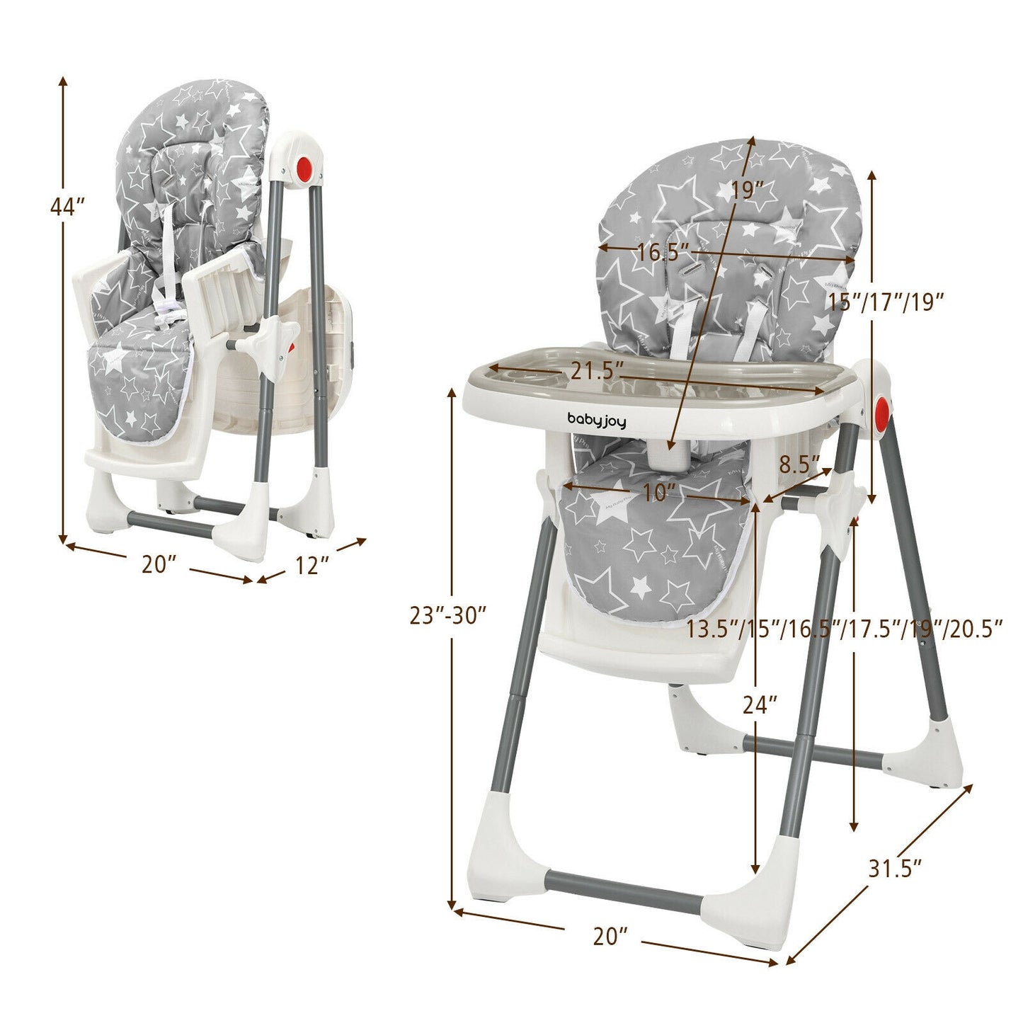 Folding Baby High Dining Chair with 6-Level Height Adjustment-Gray Kids Crystal