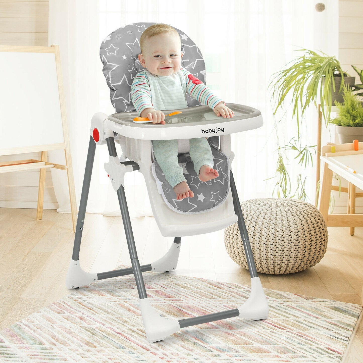 Folding Baby High Dining Chair with 6-Level Height Adjustment-Gray Kids Crystal