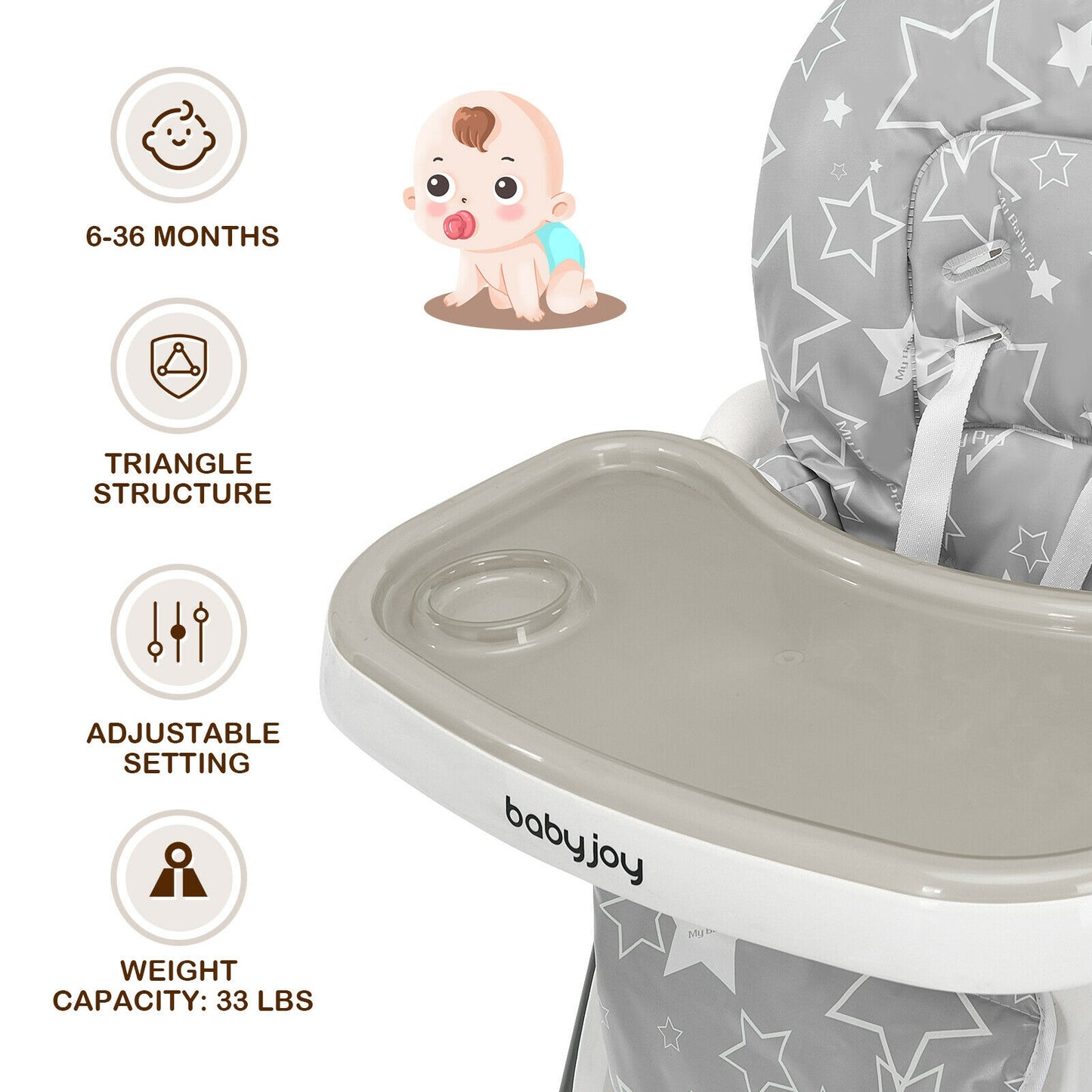 Folding Baby High Dining Chair with 6-Level Height Adjustment-Gray Kids Crystal