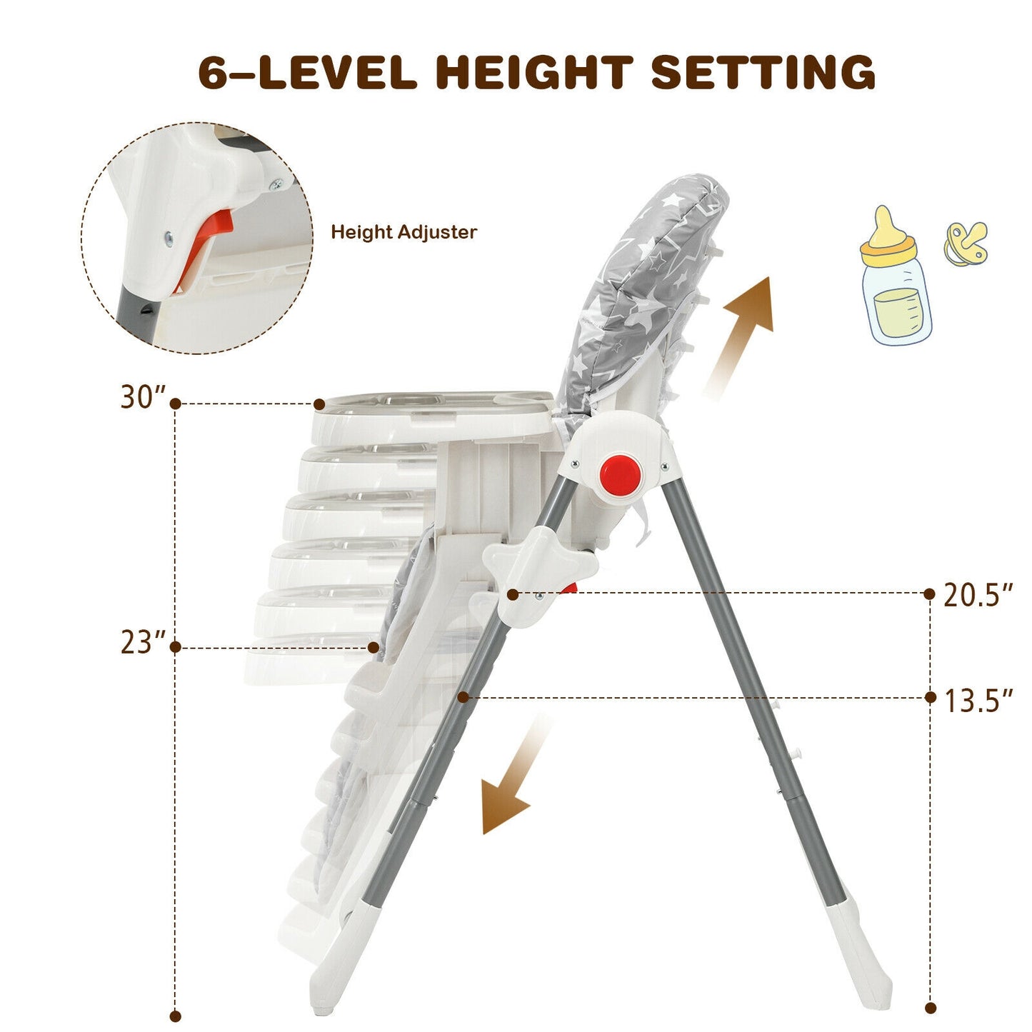 Folding Baby High Dining Chair with 6-Level Height Adjustment-Gray Kids Crystal