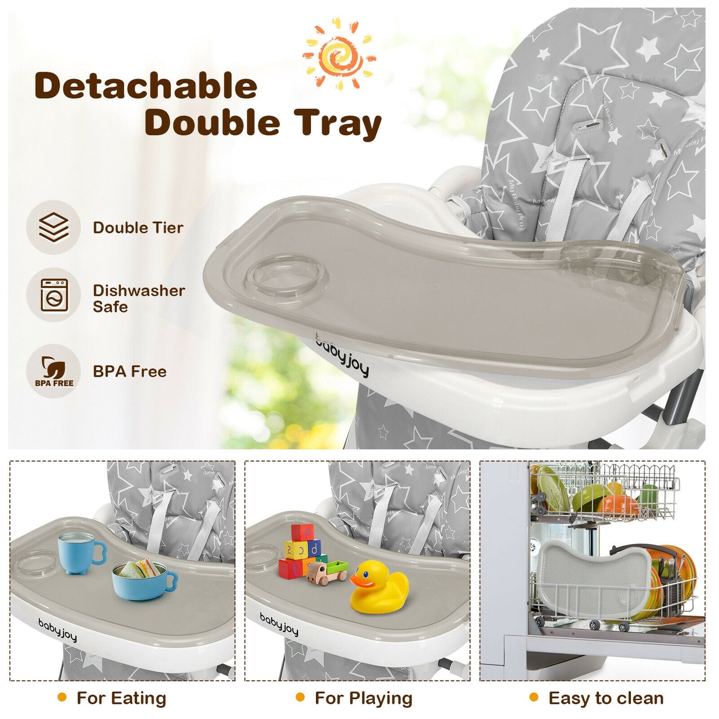 Folding Baby High Dining Chair with 6-Level Height Adjustment-Gray Kids Crystal