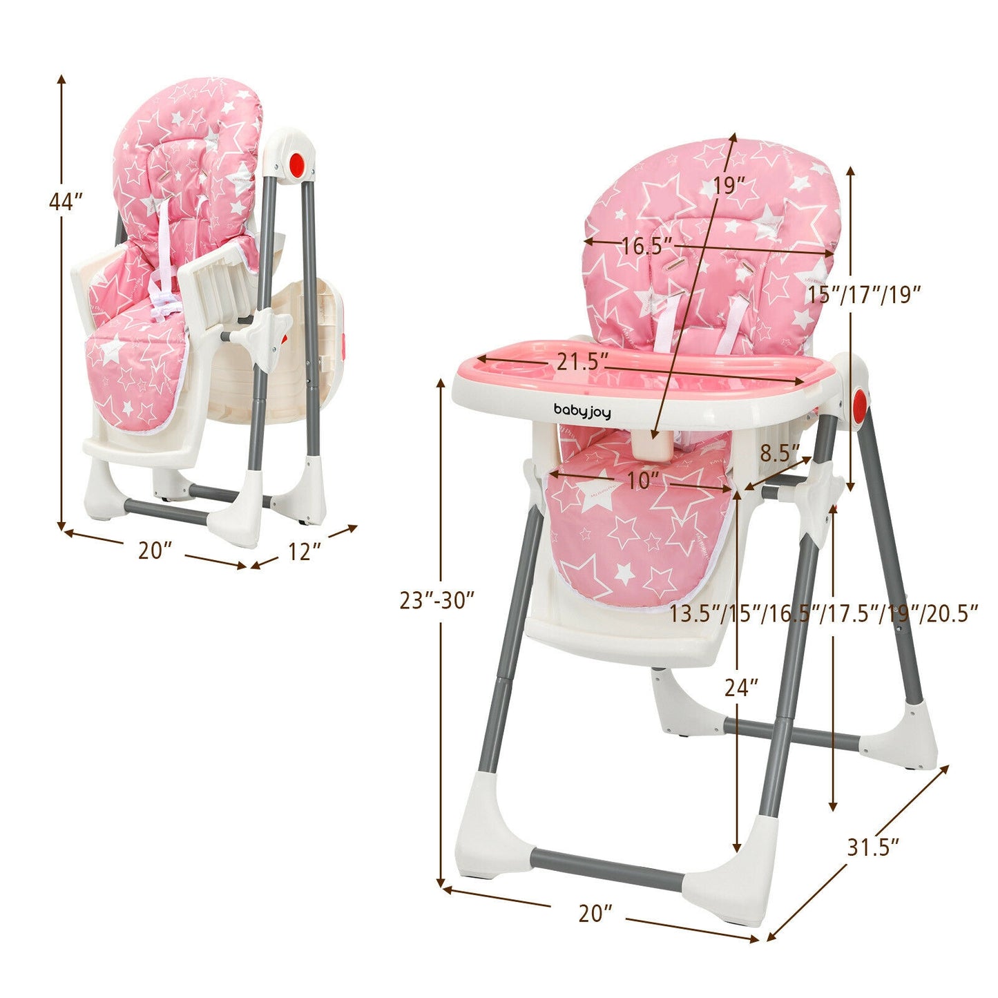 Folding Baby High Dining Chair with 6-Level Height Adjustment-Pink Kids Crystal