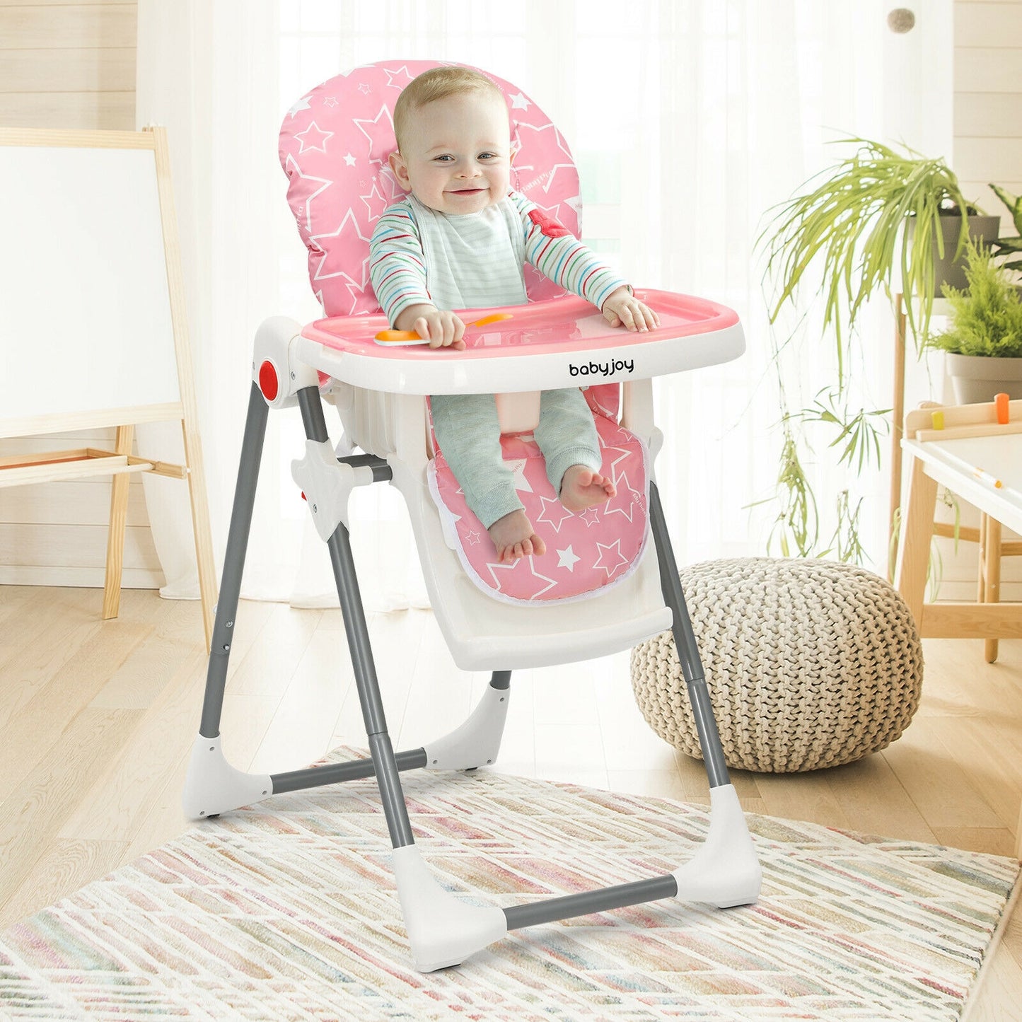 Folding Baby High Dining Chair with 6-Level Height Adjustment-Pink Kids Crystal