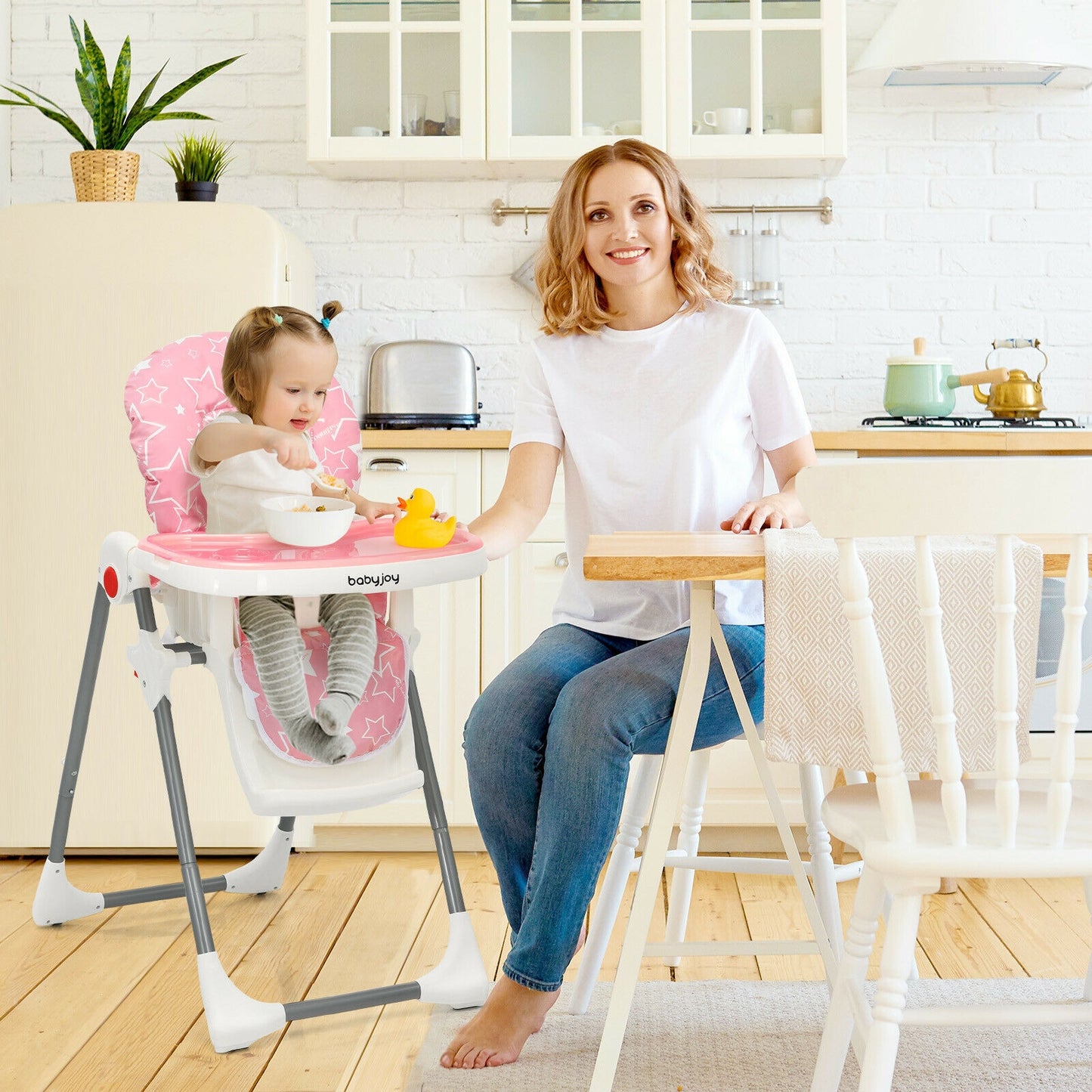 Folding Baby High Dining Chair with 6-Level Height Adjustment-Pink Kids Crystal