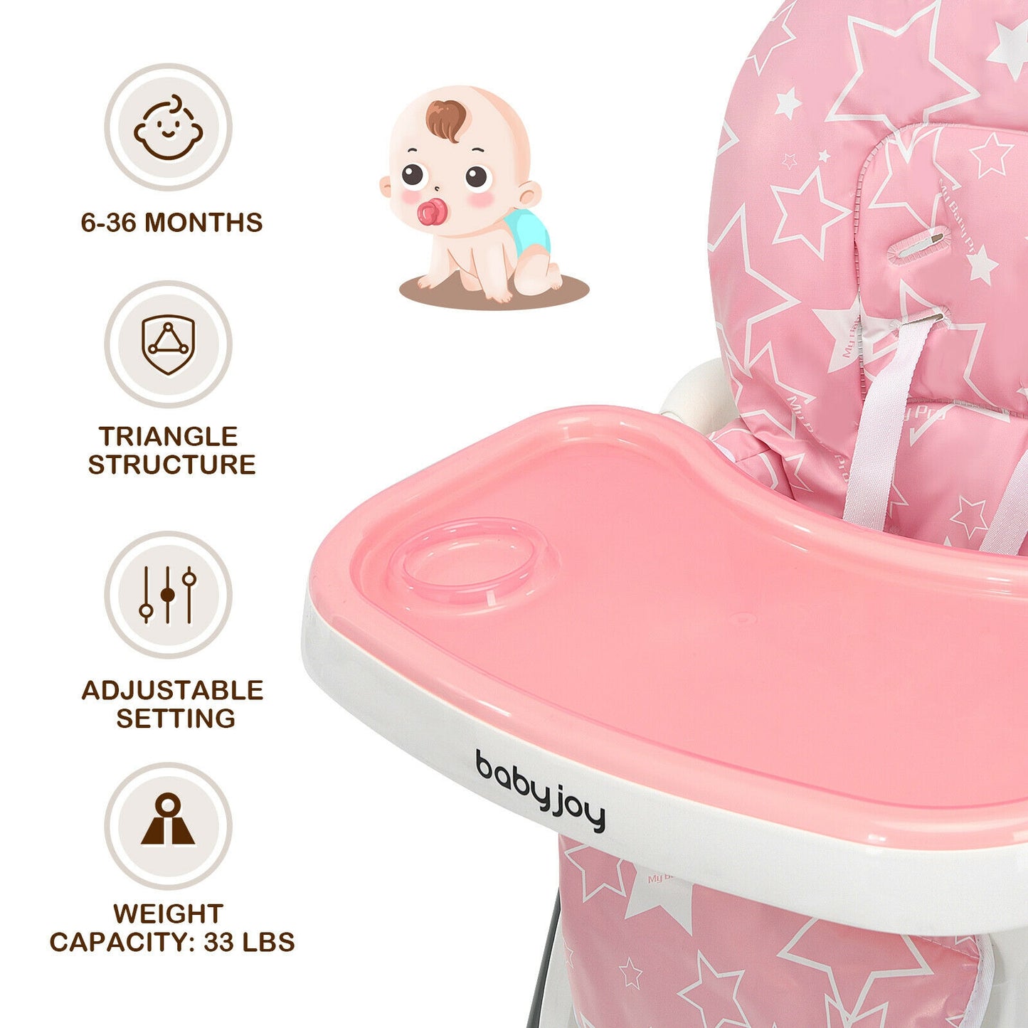 Folding Baby High Dining Chair with 6-Level Height Adjustment-Pink Kids Crystal