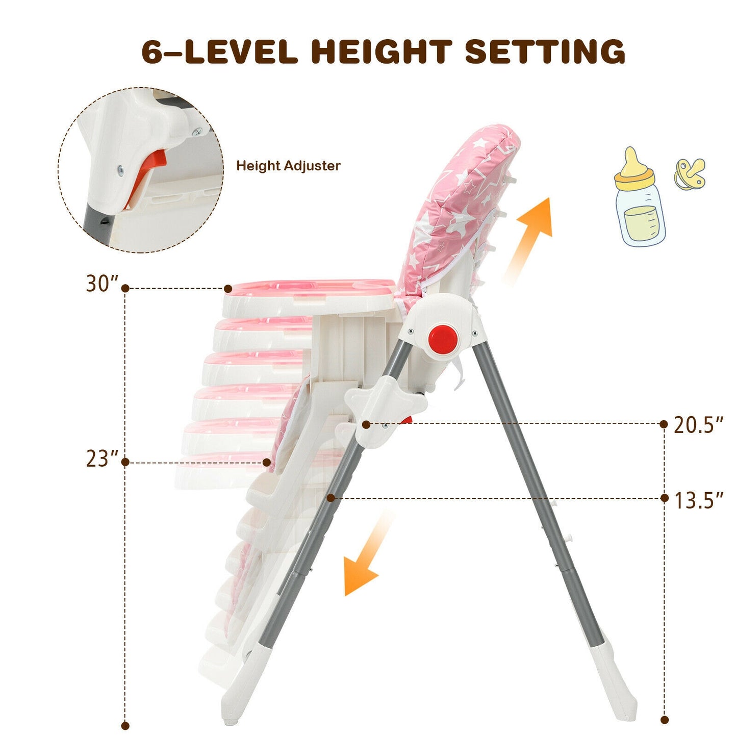 Folding Baby High Dining Chair with 6-Level Height Adjustment-Pink Kids Crystal