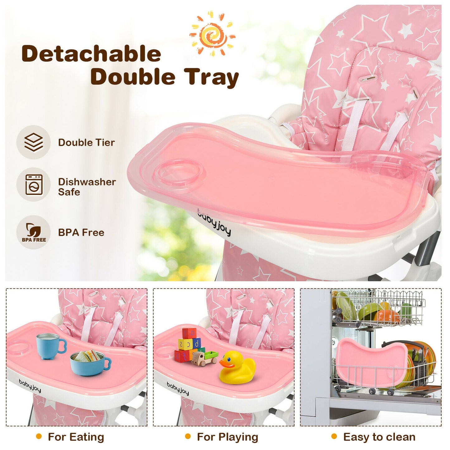 Folding Baby High Dining Chair with 6-Level Height Adjustment-Pink Kids Crystal