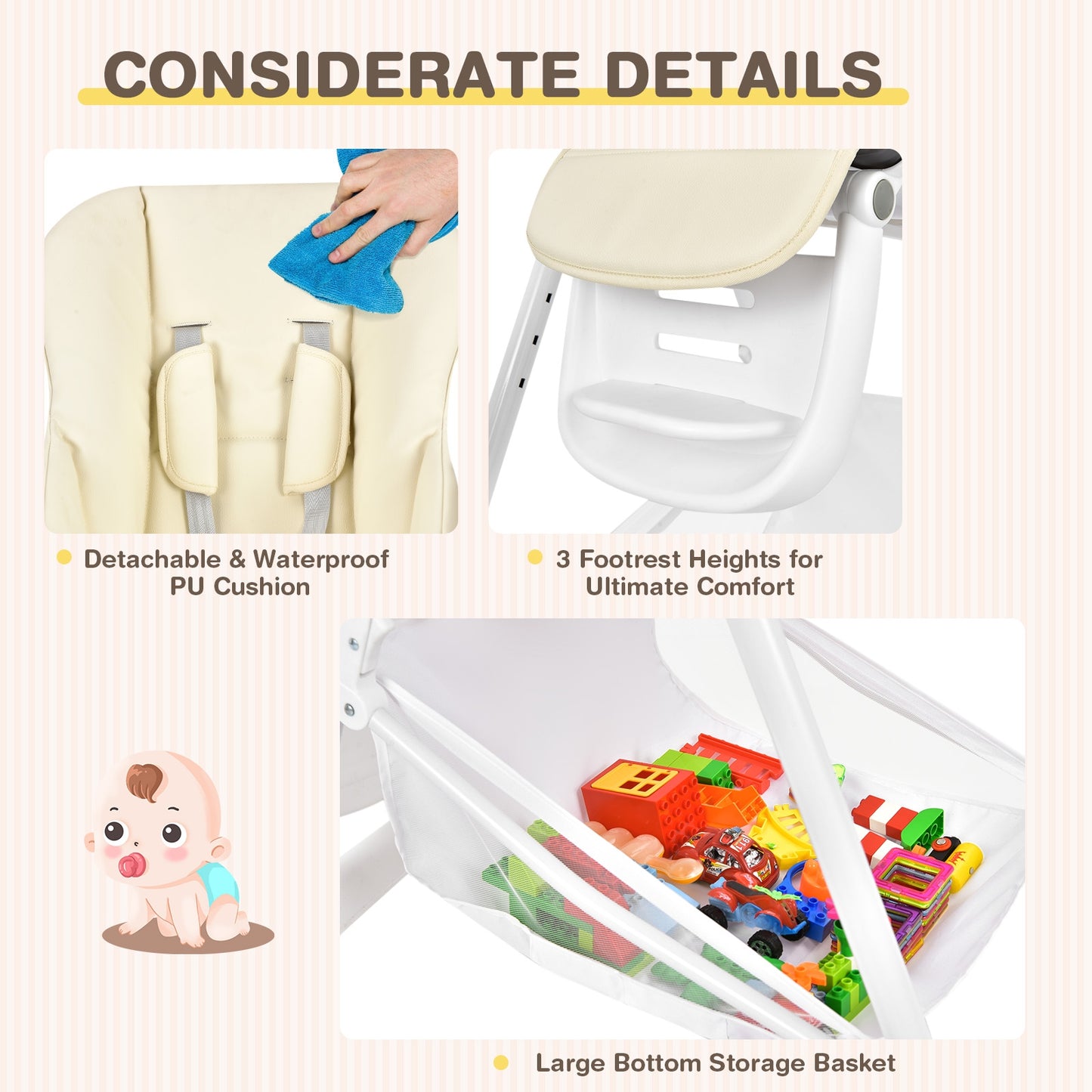 Baby Convertible Folding Adjustable High Chair with Wheel Tray Storage Basket-Beige Kids Crystal