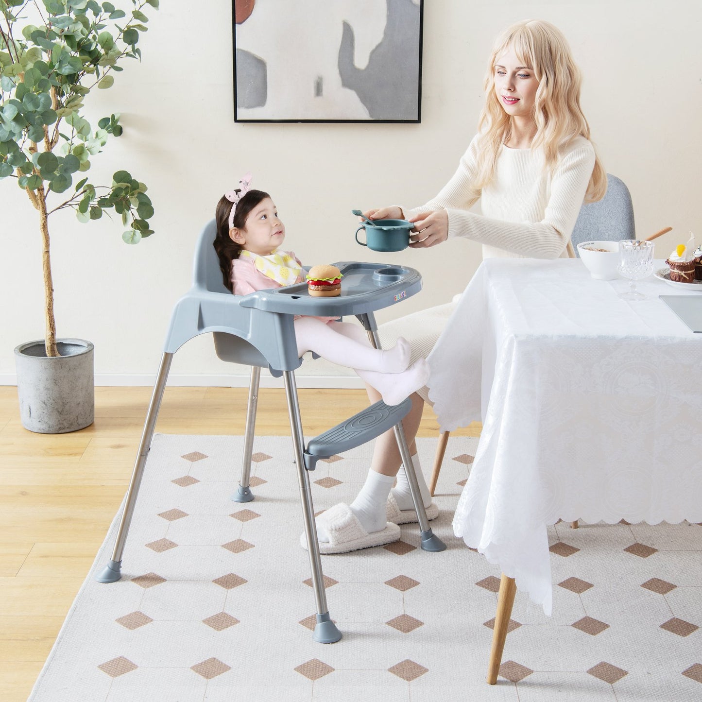 4-in-1 Convertible Baby High Chair with Removable Double Tray-Gray Kids Crystal