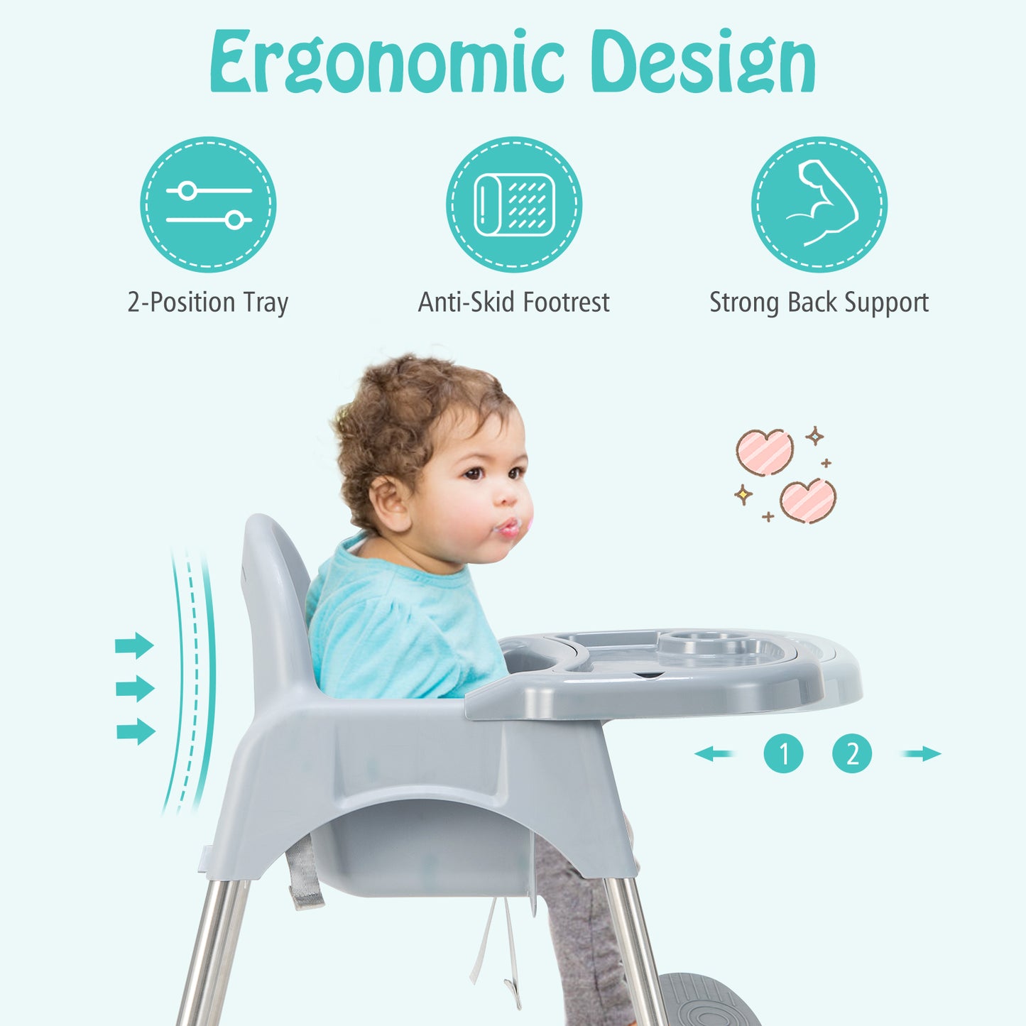 4-in-1 Convertible Baby High Chair with Removable Double Tray-Gray Kids Crystal