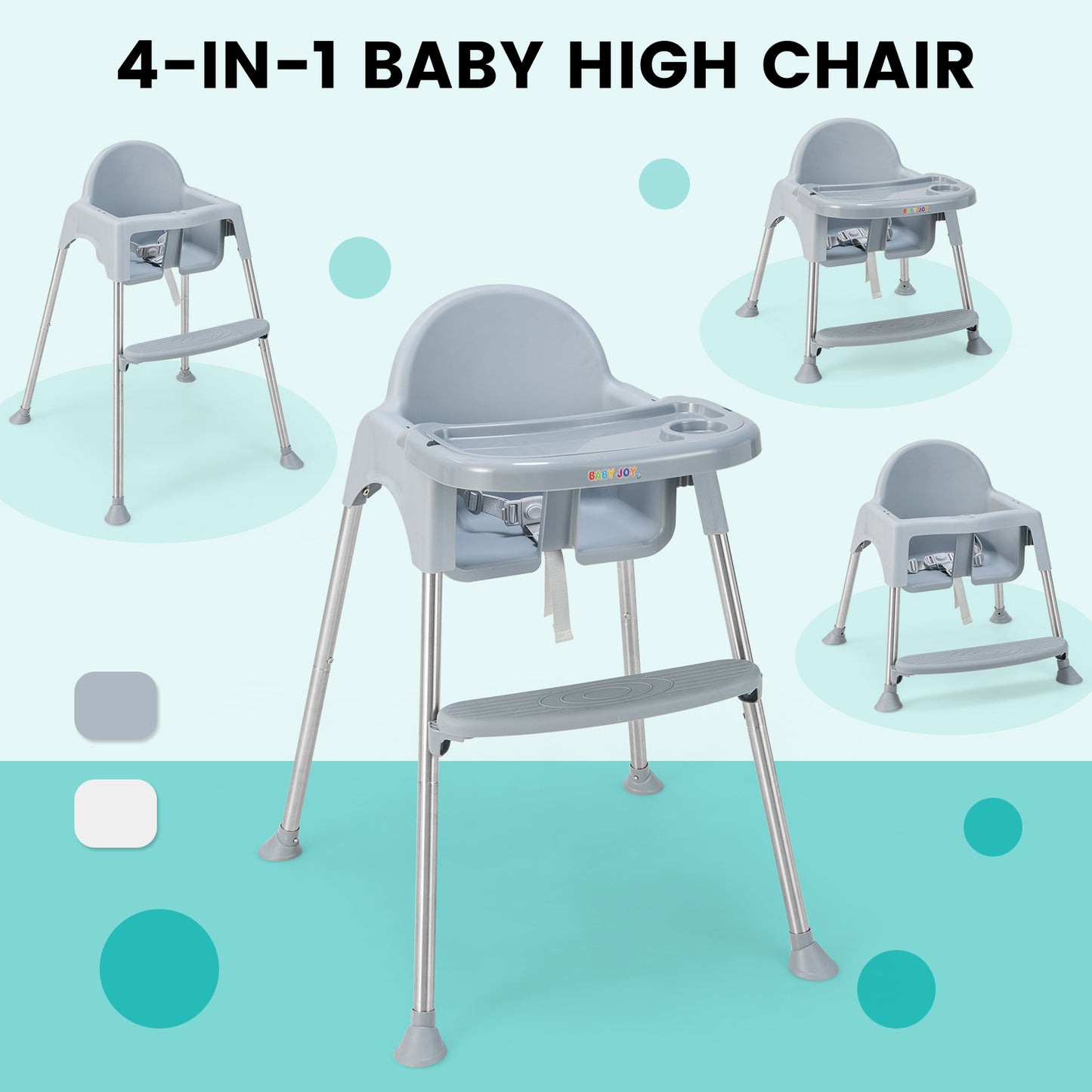 4-in-1 Convertible Baby High Chair with Removable Double Tray-Gray Kids Crystal