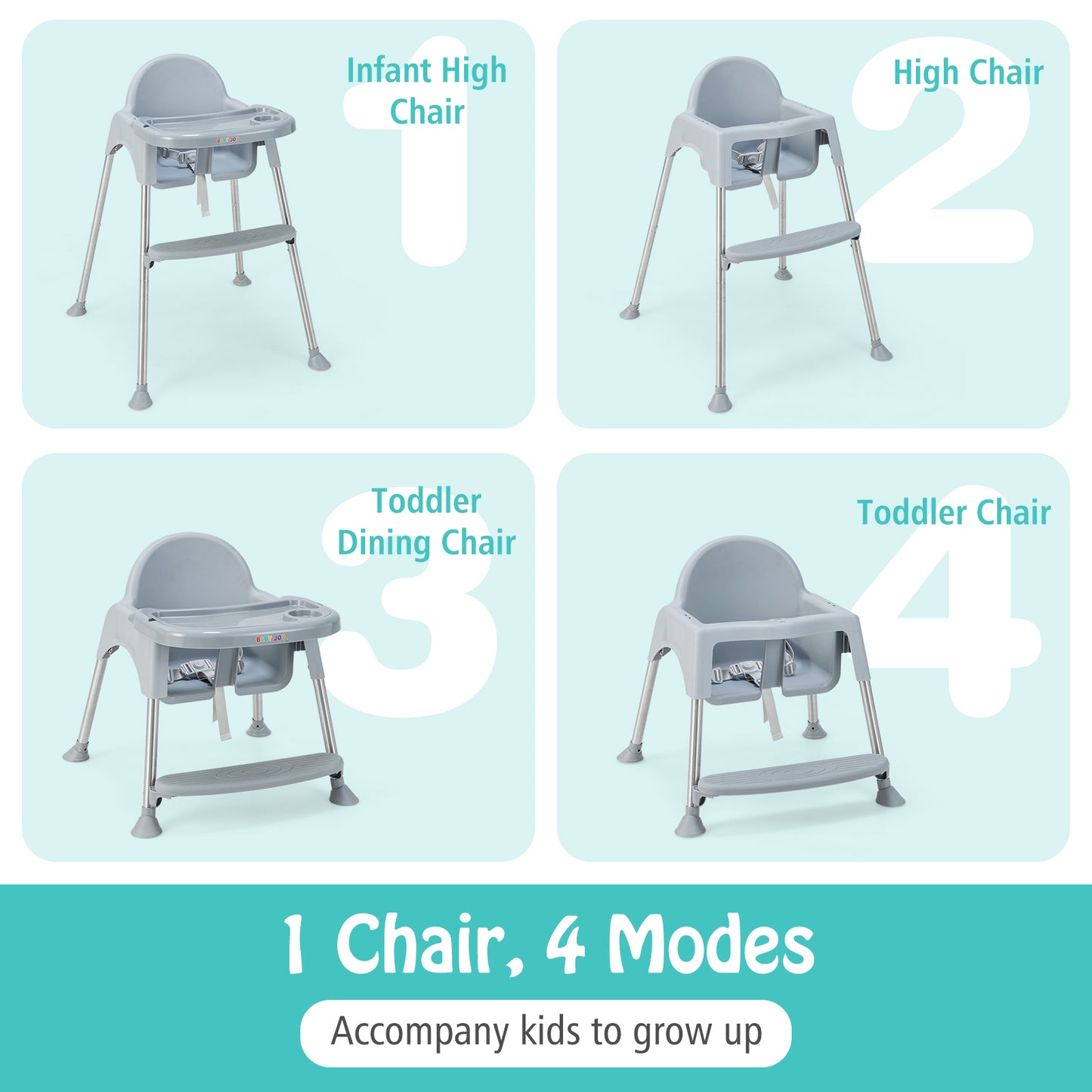 4-in-1 Convertible Baby High Chair with Removable Double Tray-Gray Kids Crystal