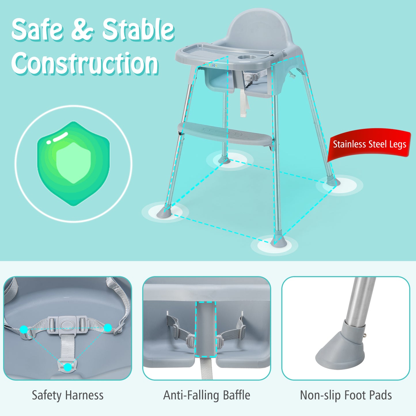 4-in-1 Convertible Baby High Chair with Removable Double Tray-Gray Kids Crystal