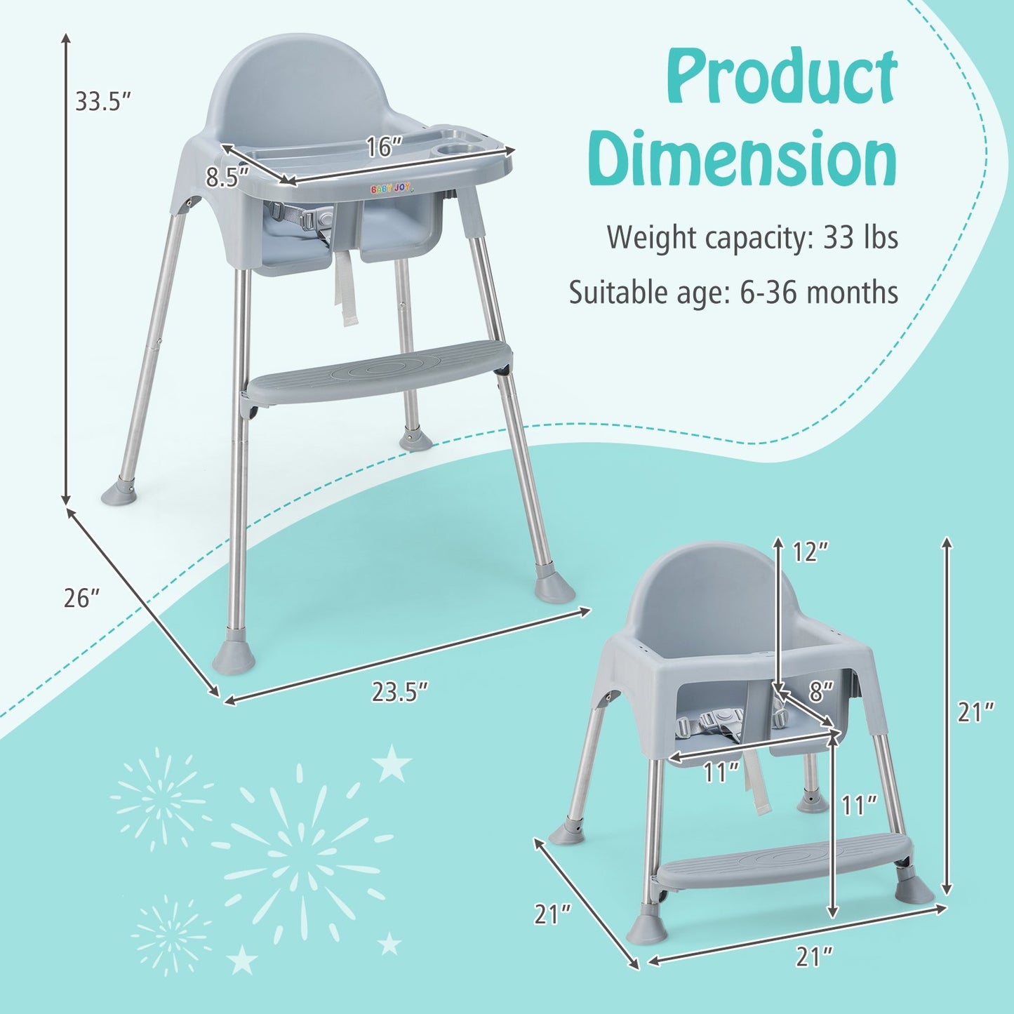 4-in-1 Convertible Baby High Chair with Removable Double Tray-Gray Kids Crystal