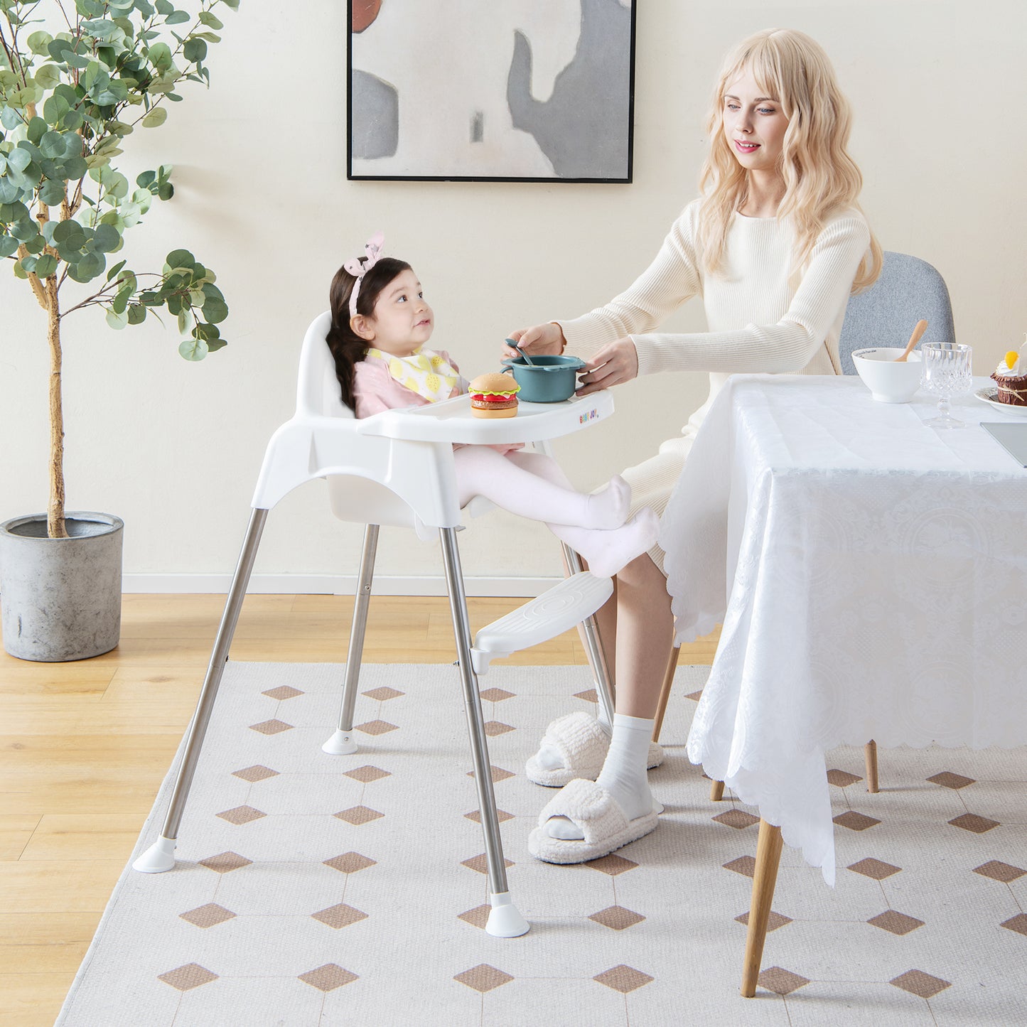 4-in-1 Convertible Baby High Chair with Removable Double Tray-White Kids Crystal