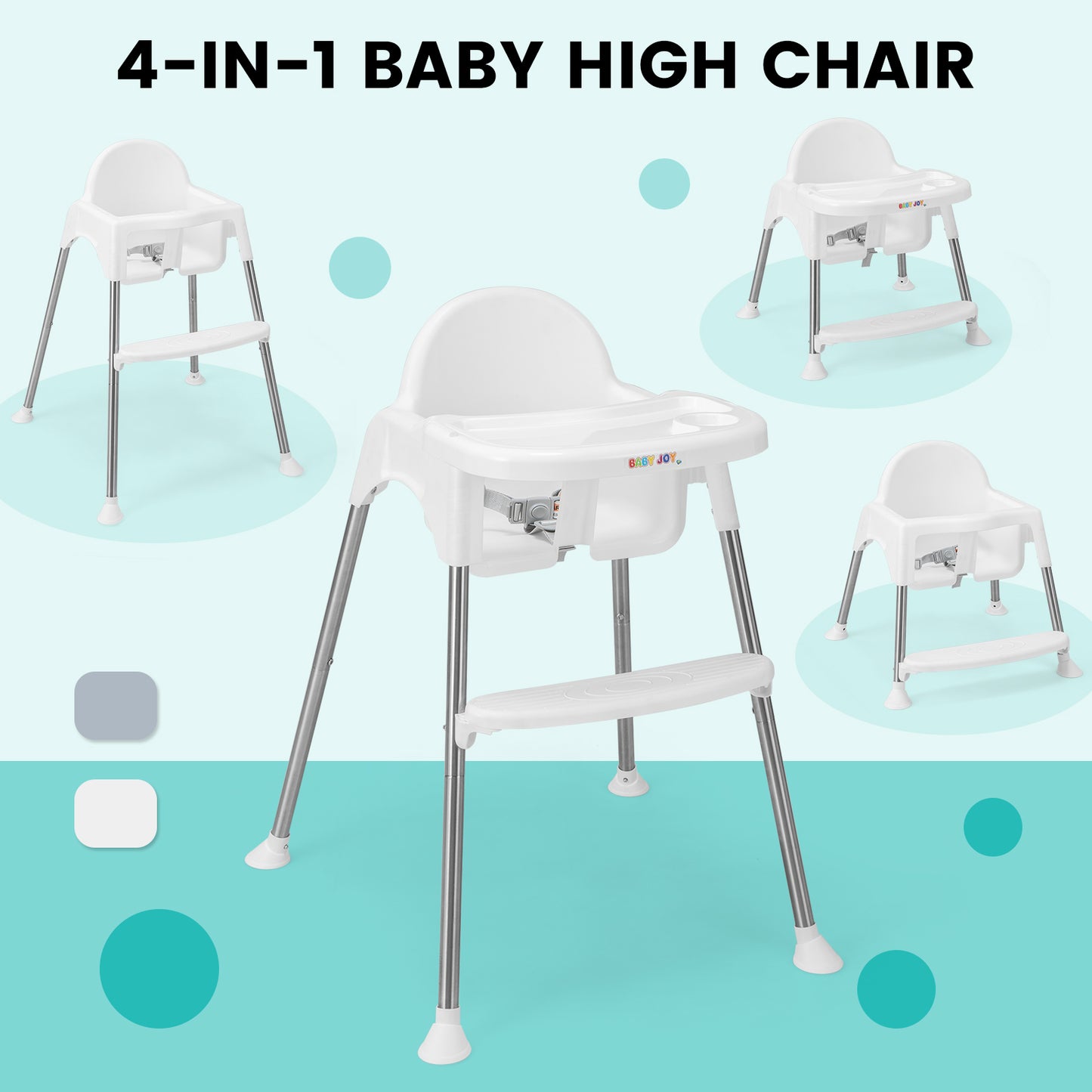 4-in-1 Convertible Baby High Chair with Removable Double Tray-White Kids Crystal