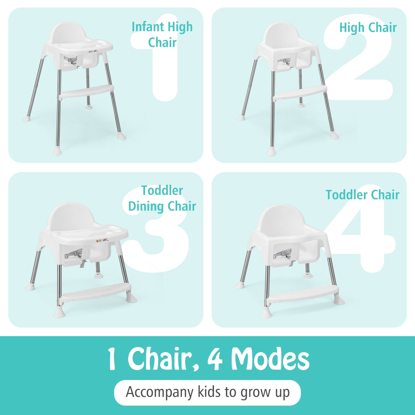 4-in-1 Convertible Baby High Chair with Removable Double Tray-White Kids Crystal