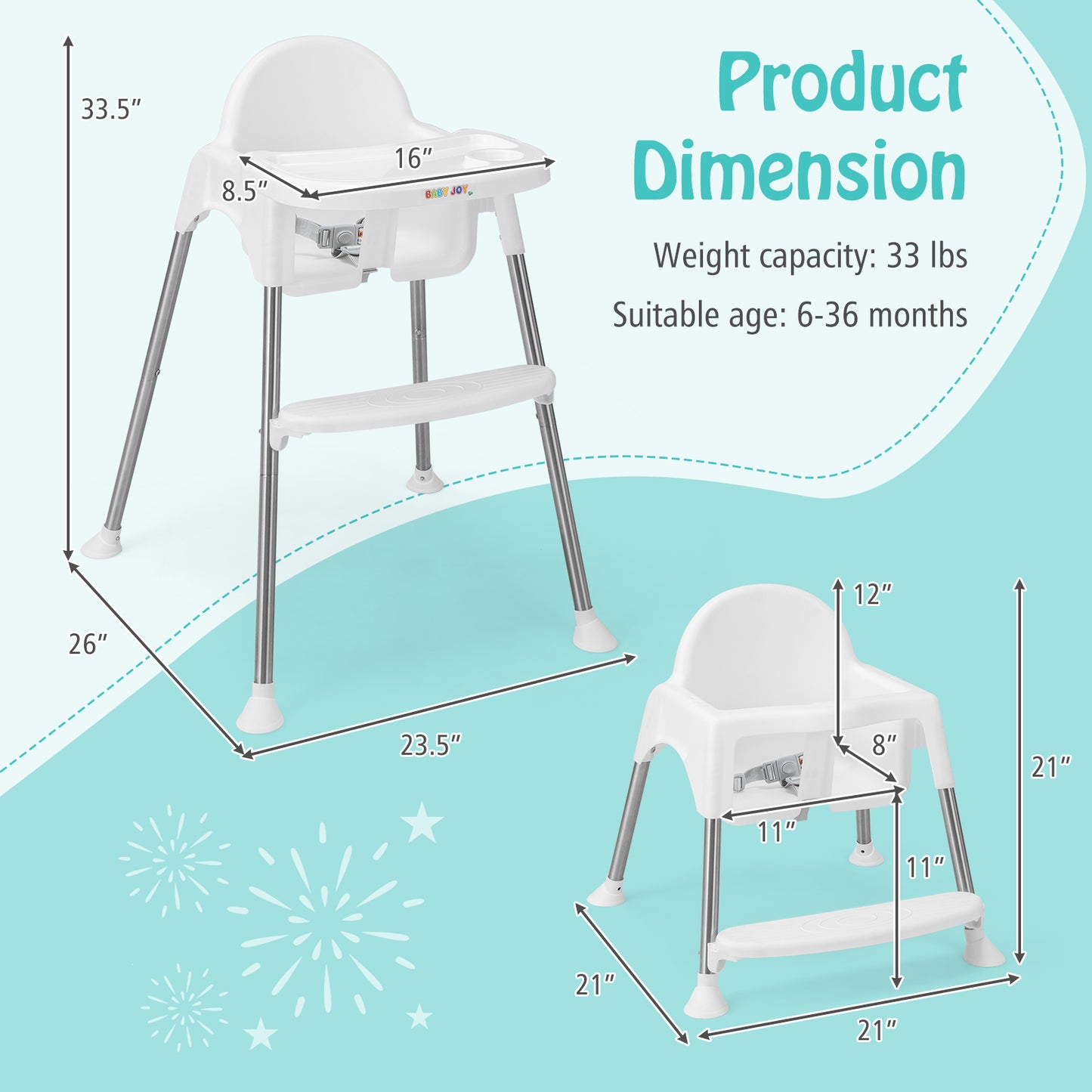4-in-1 Convertible Baby High Chair with Removable Double Tray-White Kids Crystal