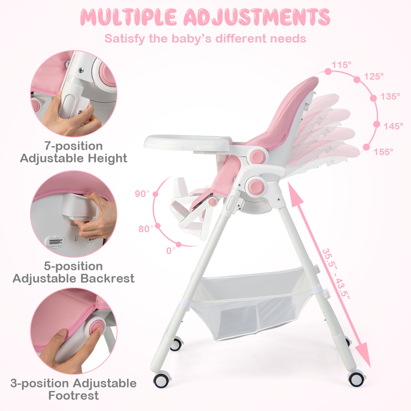 Convertible Infant Dining Chair with 5 Backrest and 3 Footrest Positions-Pink Kids Crystal