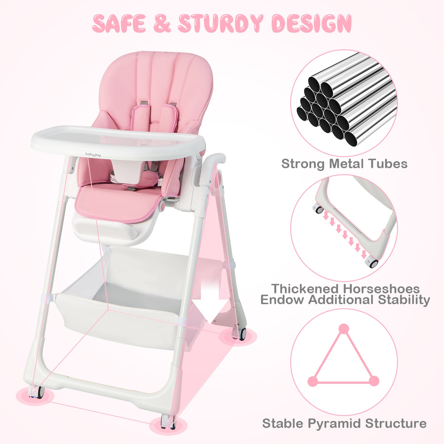 Convertible Infant Dining Chair with 5 Backrest and 3 Footrest Positions-Pink Kids Crystal