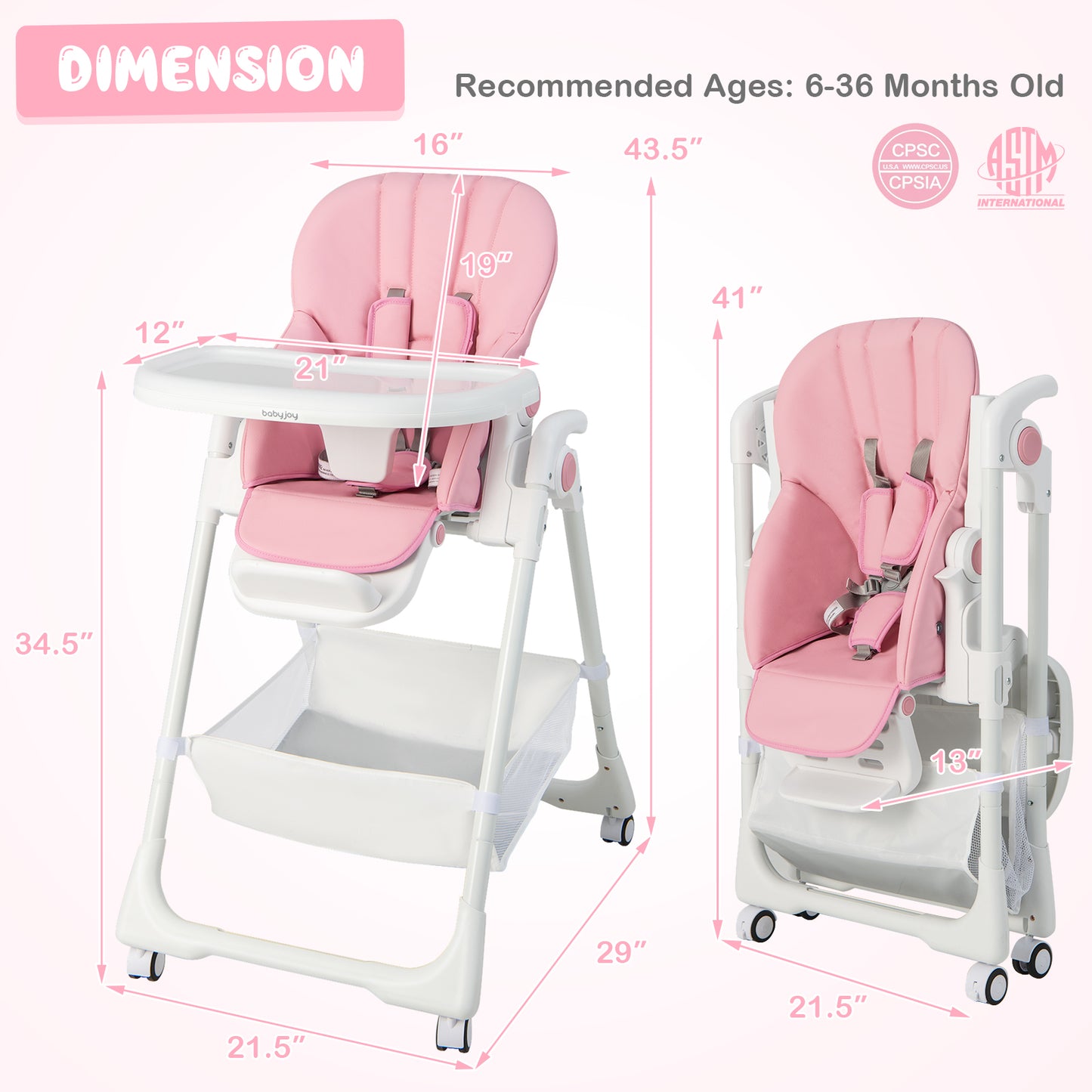 Convertible Infant Dining Chair with 5 Backrest and 3 Footrest Positions-Pink Kids Crystal