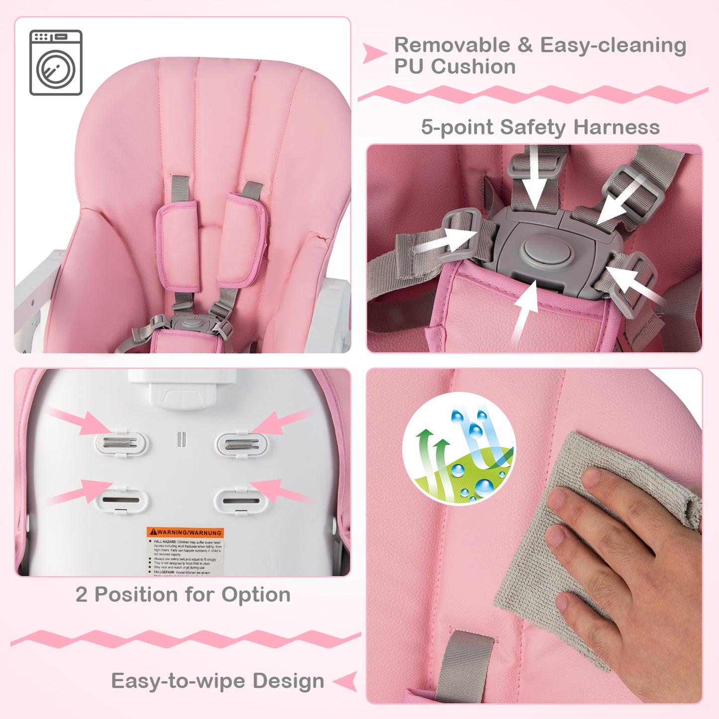 Convertible Infant Dining Chair with 5 Backrest and 3 Footrest Positions-Pink Kids Crystal