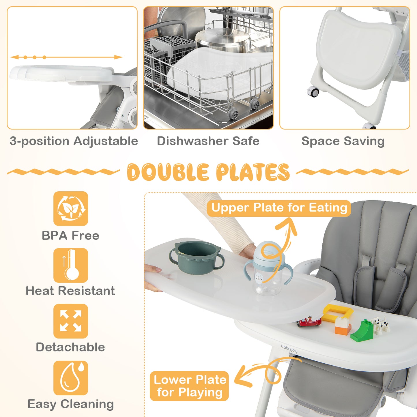 Convertible Infant Dining Chair with 5 Backrest and 3 Footrest Positions-Gray Kids Crystal
