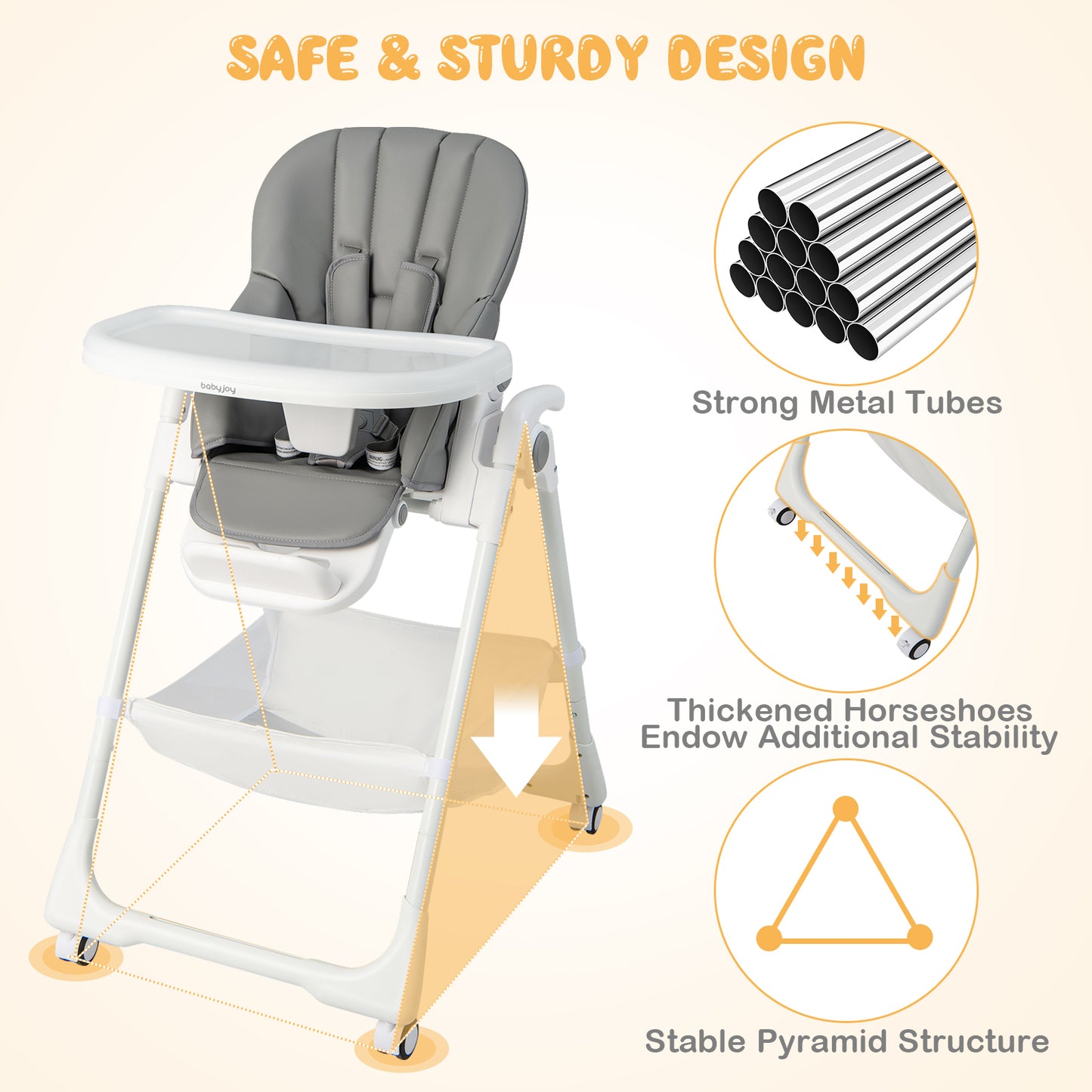 Convertible Infant Dining Chair with 5 Backrest and 3 Footrest Positions-Gray Kids Crystal
