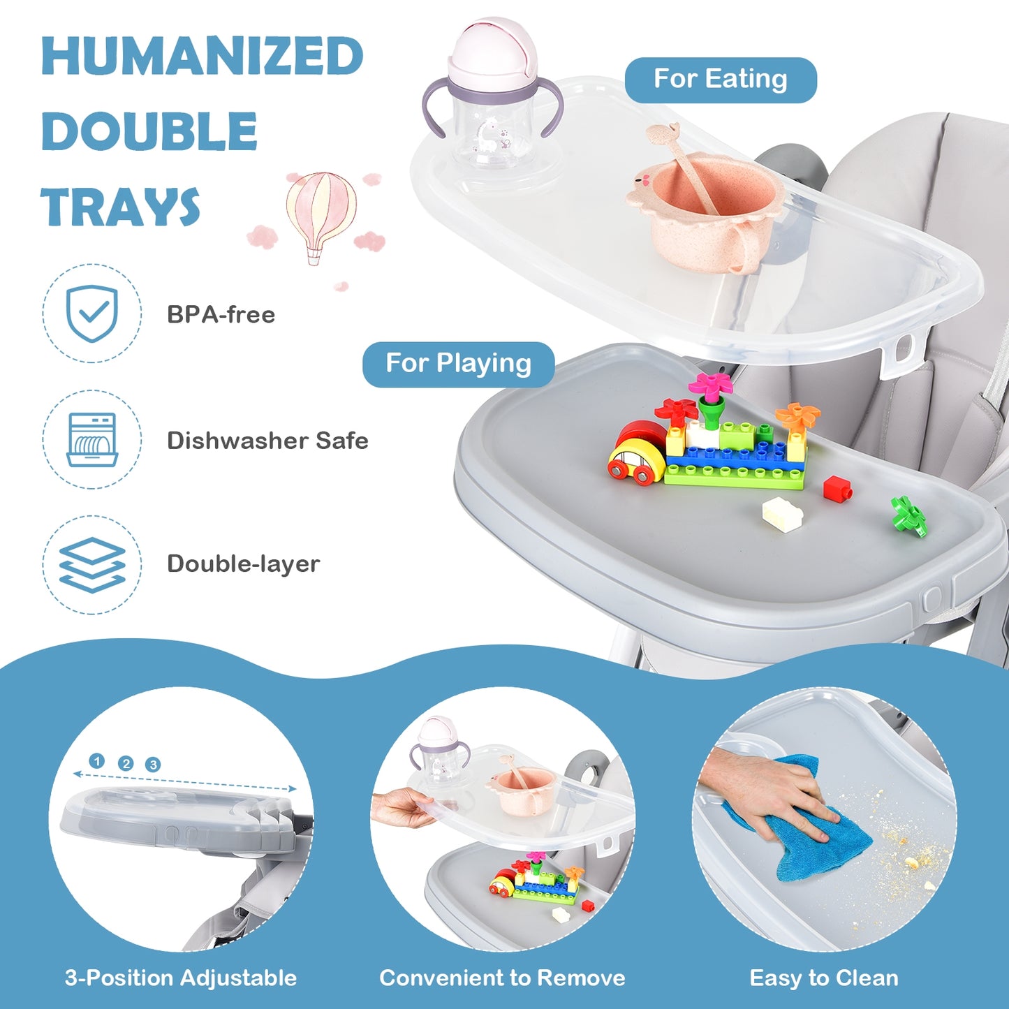 Baby Folding Convertible High Chair with Wheels and Adjustable Height-Gray Kids Crystal