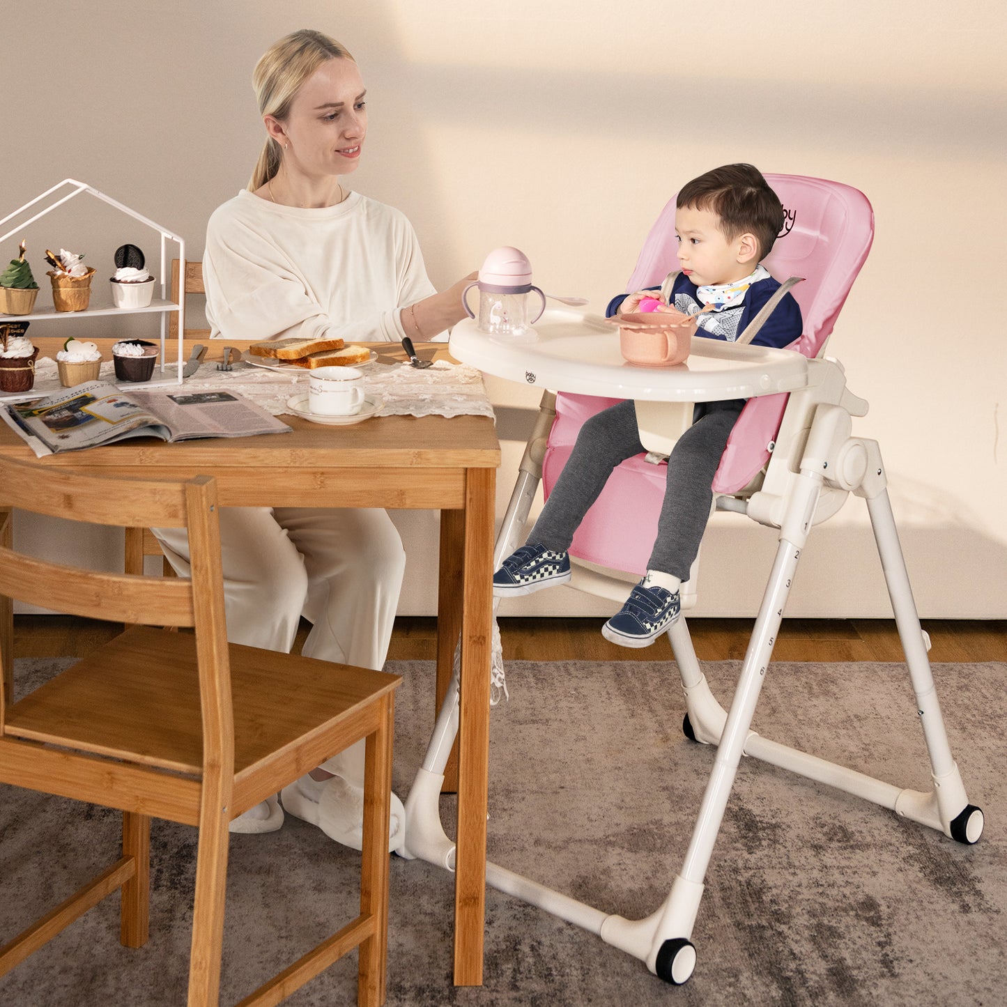 4-in-1 Baby High Chair with 6 Adjustable Heights-Pink Kids Crystal