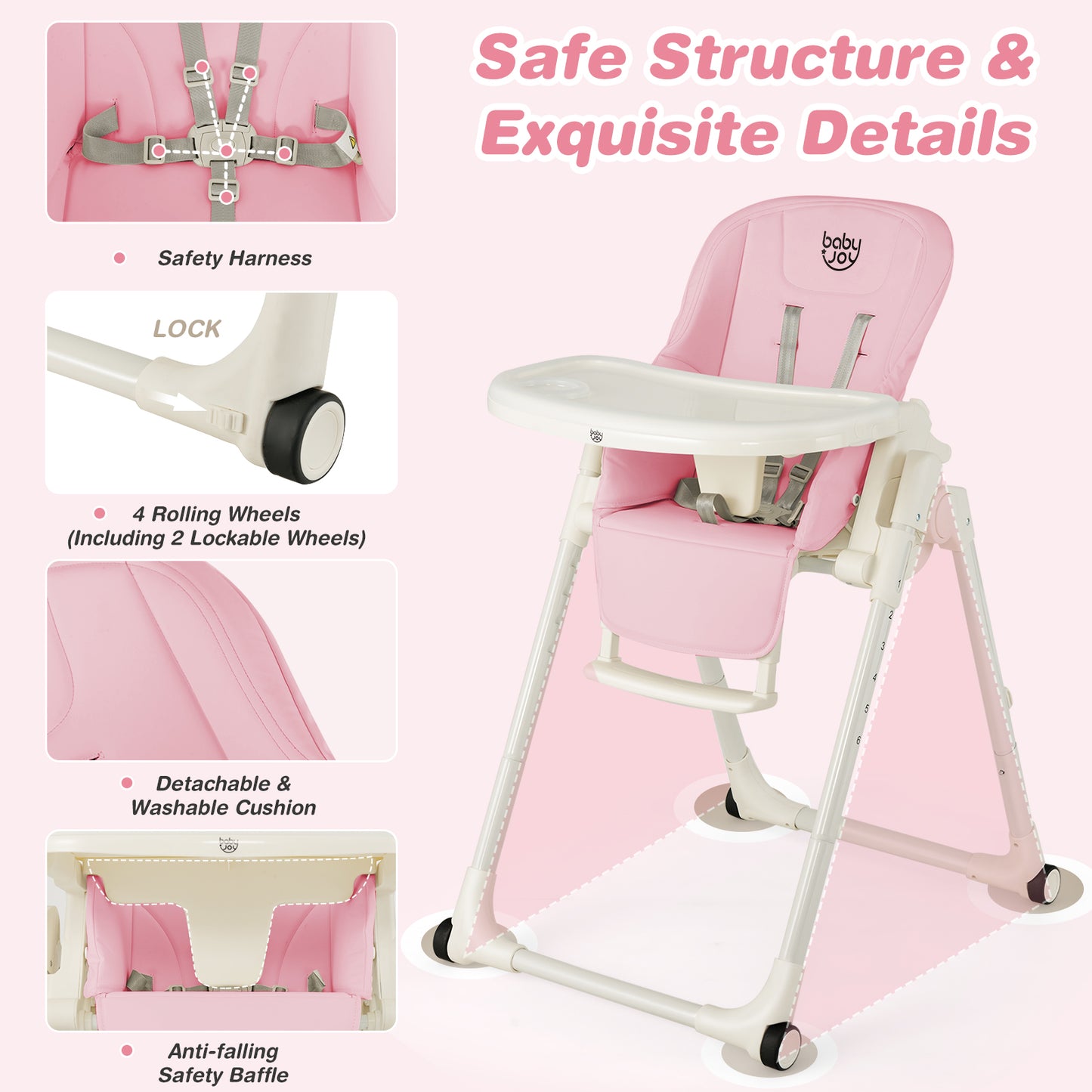 4-in-1 Baby High Chair with 6 Adjustable Heights-Pink Kids Crystal