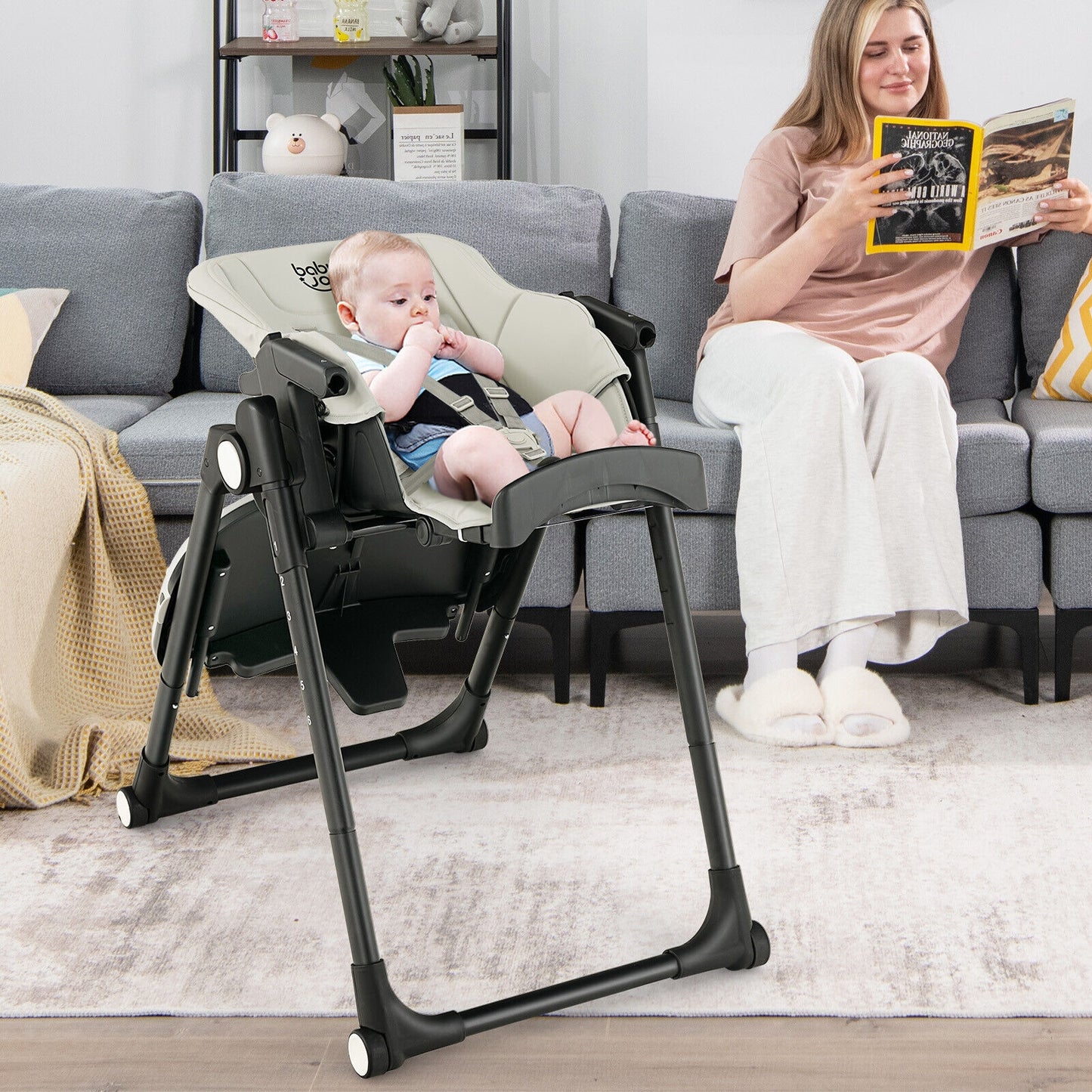 4-in-1 Baby High Chair with 6 Adjustable Heights-Gray Kids Crystal