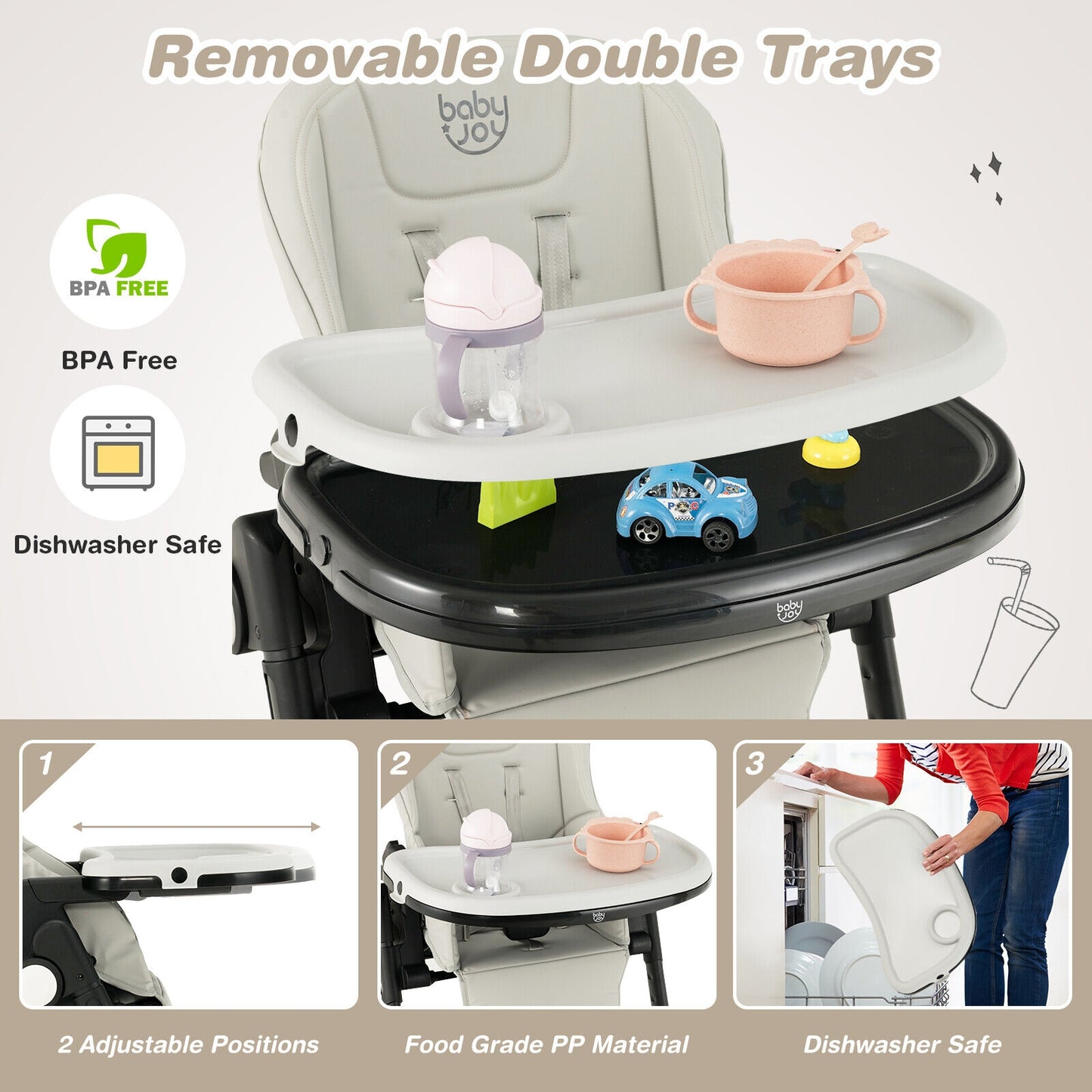 4-in-1 Baby High Chair with 6 Adjustable Heights-Gray Kids Crystal