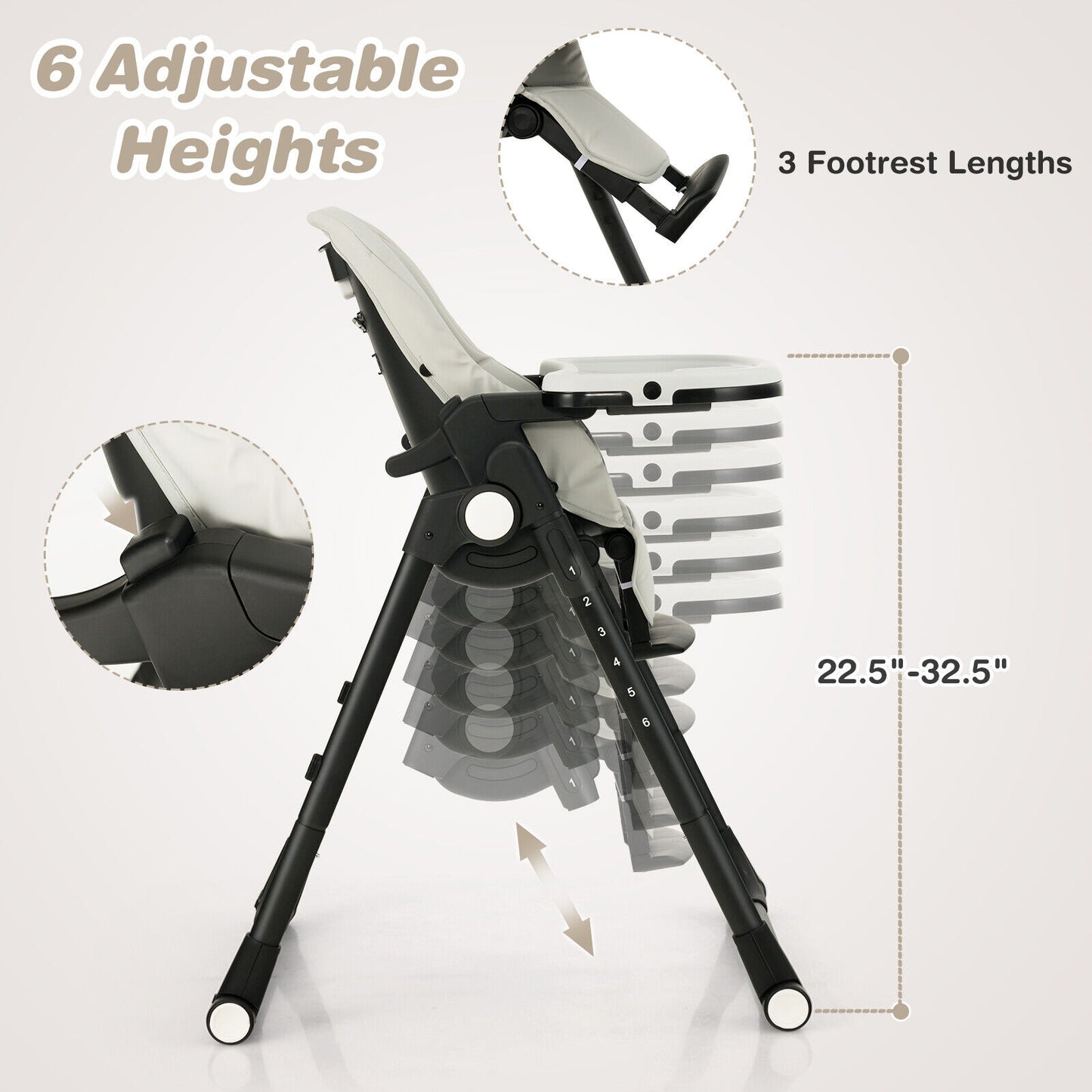 4-in-1 Baby High Chair with 6 Adjustable Heights-Gray Kids Crystal