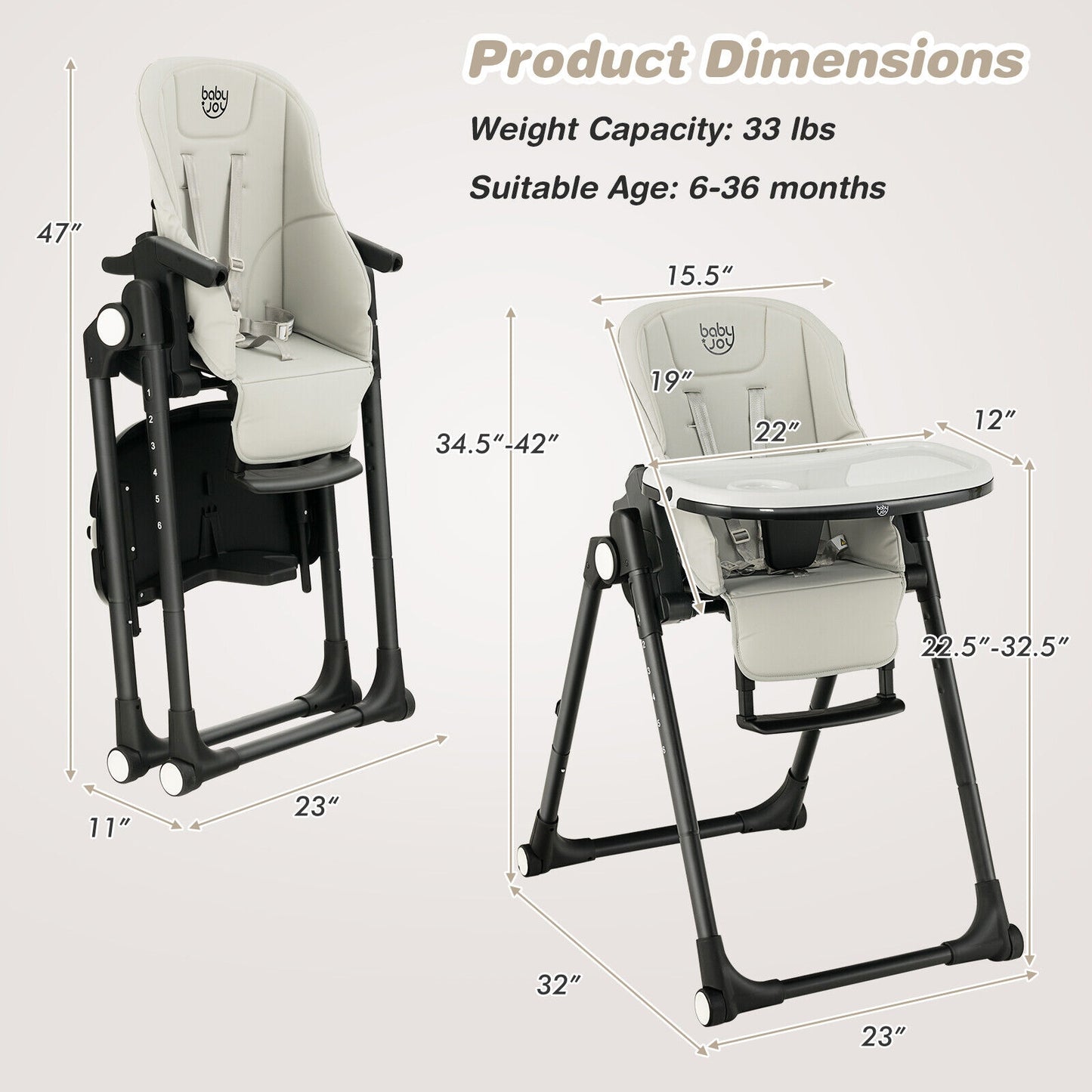 4-in-1 Baby High Chair with 6 Adjustable Heights-Gray Kids Crystal