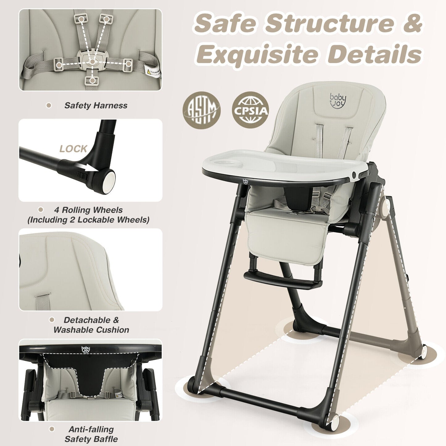 4-in-1 Baby High Chair with 6 Adjustable Heights-Gray Kids Crystal