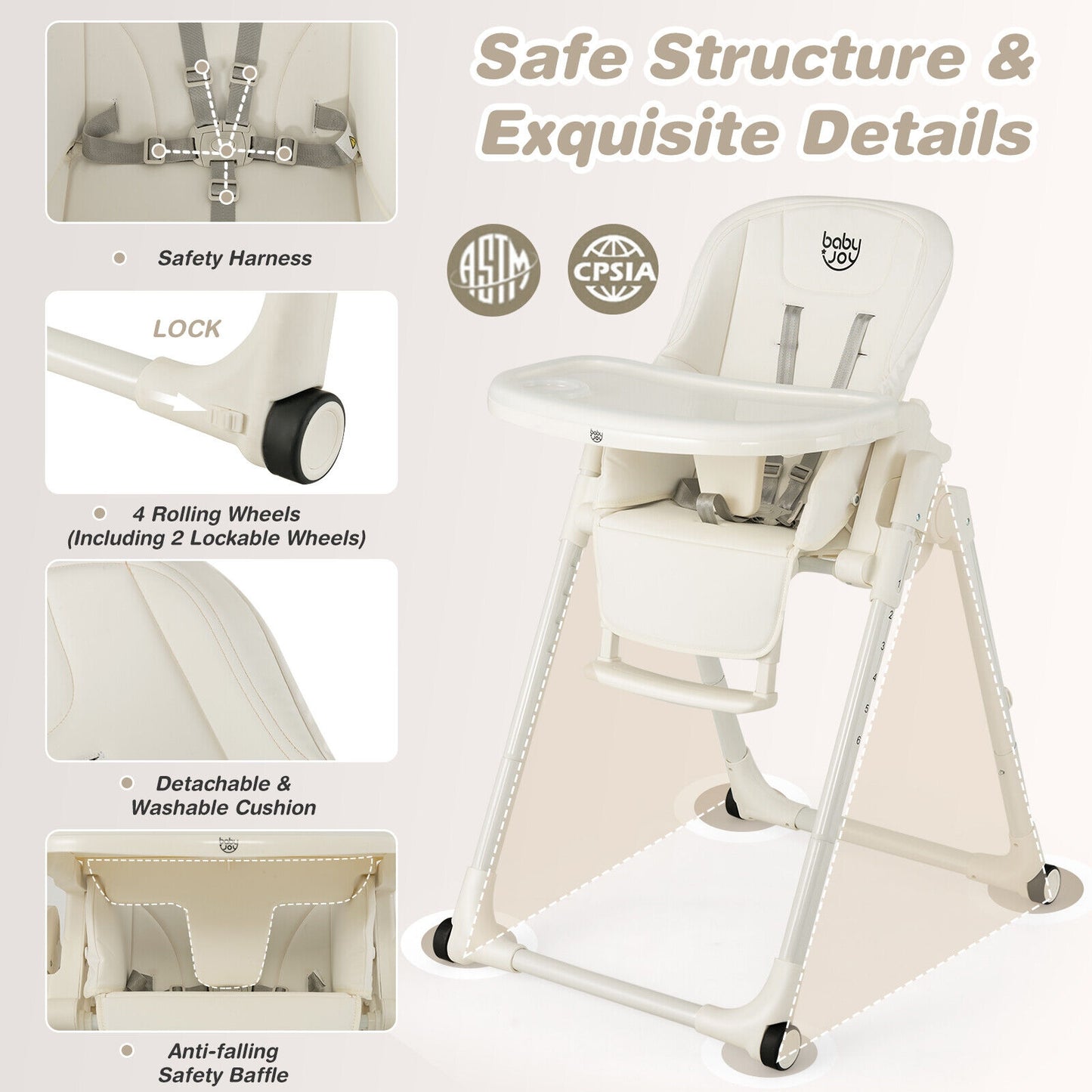 4-in-1 Baby High Chair with 6 Adjustable Heights-Beige Kids Crystal