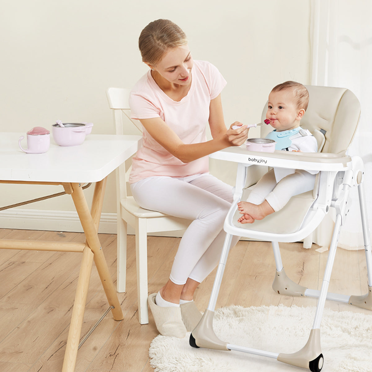 3-In-1 Convertible Baby High Chair for Toddlers-Beige Kids Crystal