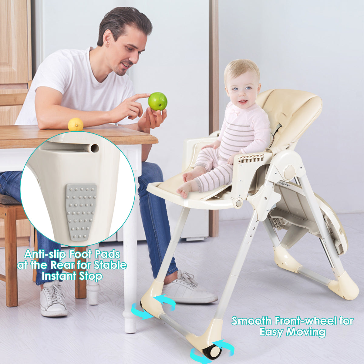 3-In-1 Convertible Baby High Chair for Toddlers-Beige Kids Crystal