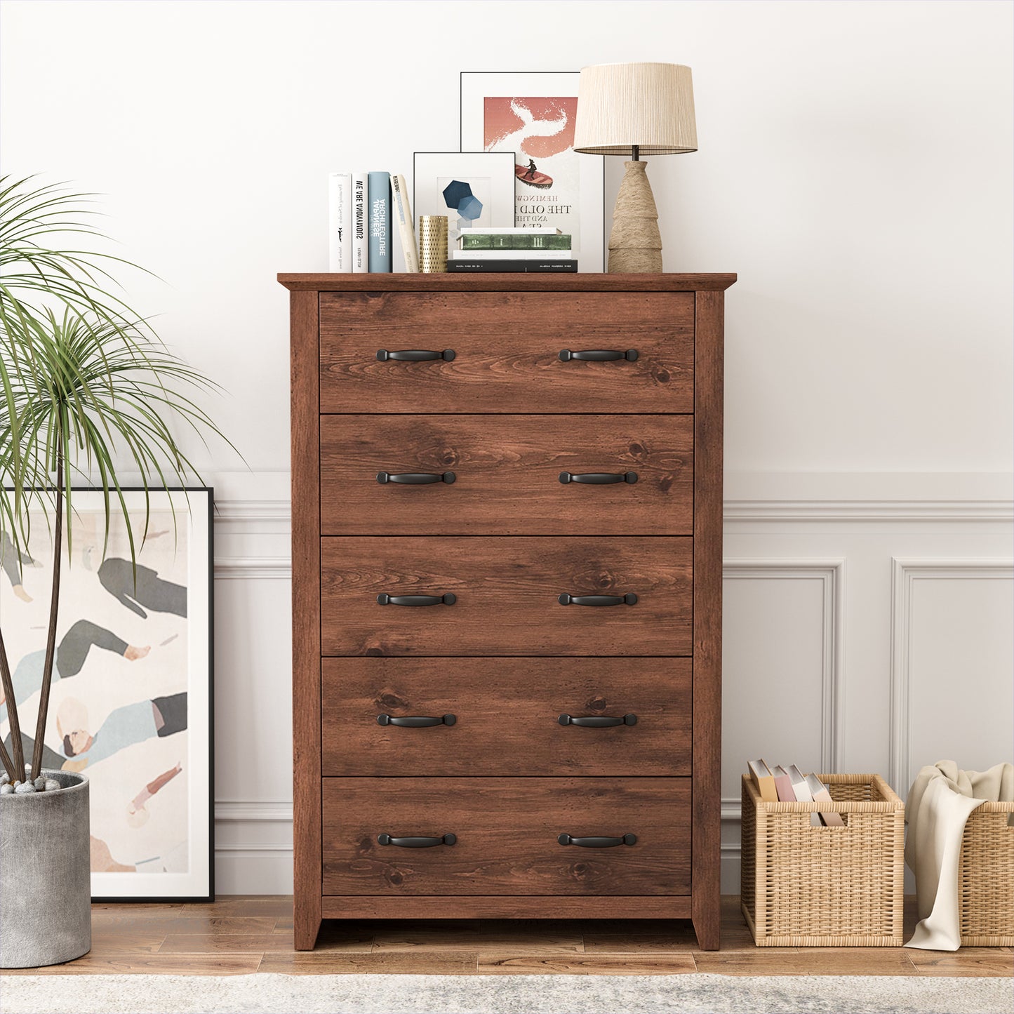 Tall Storage Dresser with 5 Pull-out Drawers for Bedroom Living Room-Walnut Kids Crystal