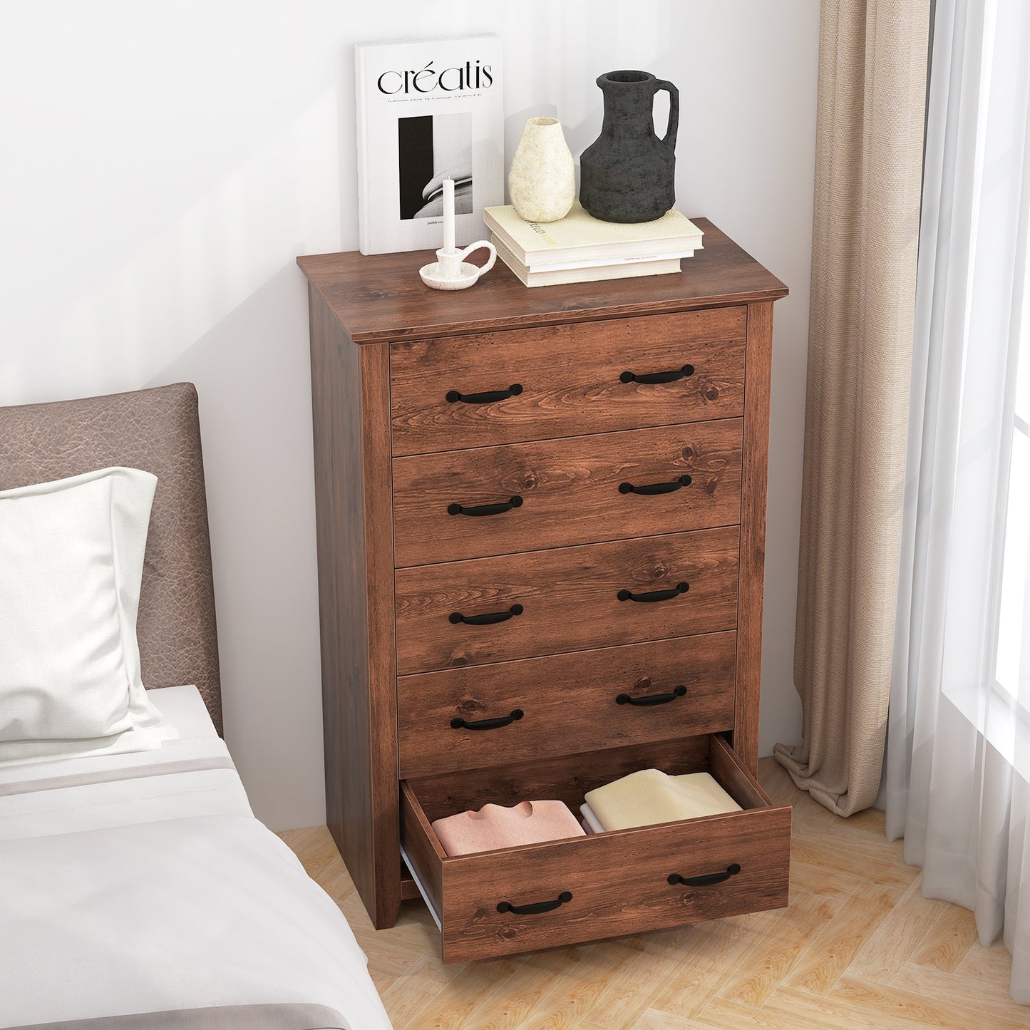 Tall Storage Dresser with 5 Pull-out Drawers for Bedroom Living Room-Walnut Kids Crystal