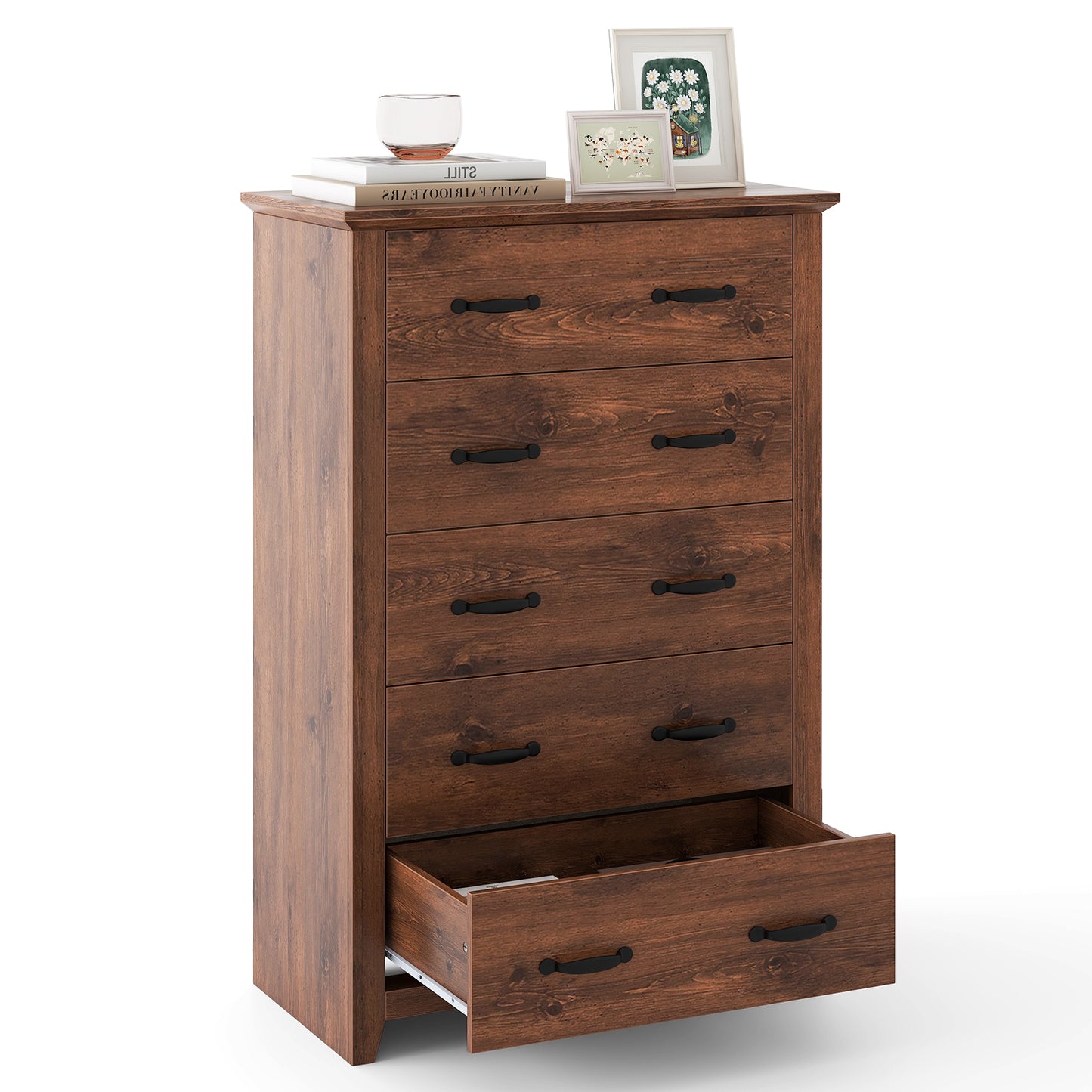 Tall Storage Dresser with 5 Pull-out Drawers for Bedroom Living Room-Walnut Kids Crystal