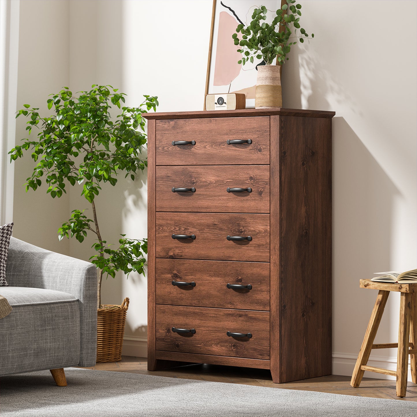 Tall Storage Dresser with 5 Pull-out Drawers for Bedroom Living Room-Walnut Kids Crystal