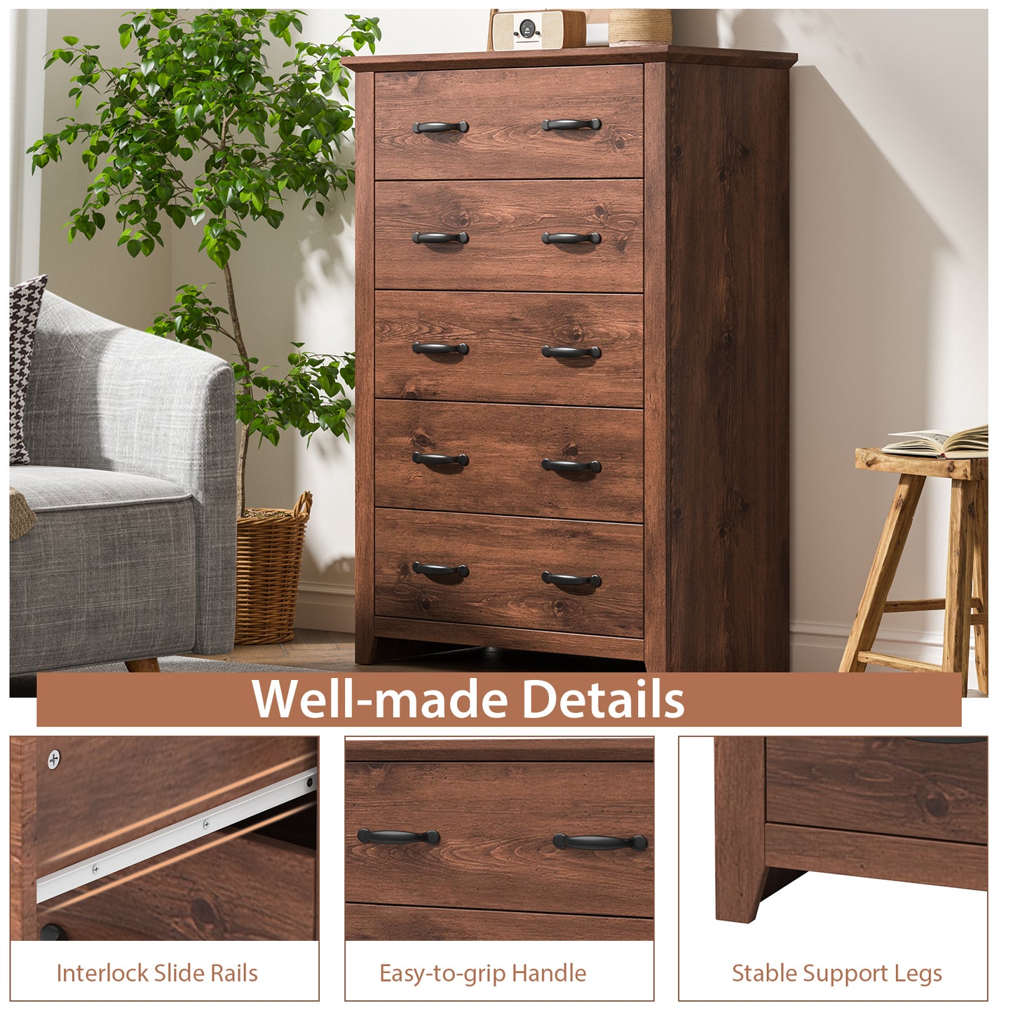 Tall Storage Dresser with 5 Pull-out Drawers for Bedroom Living Room-Walnut Kids Crystal