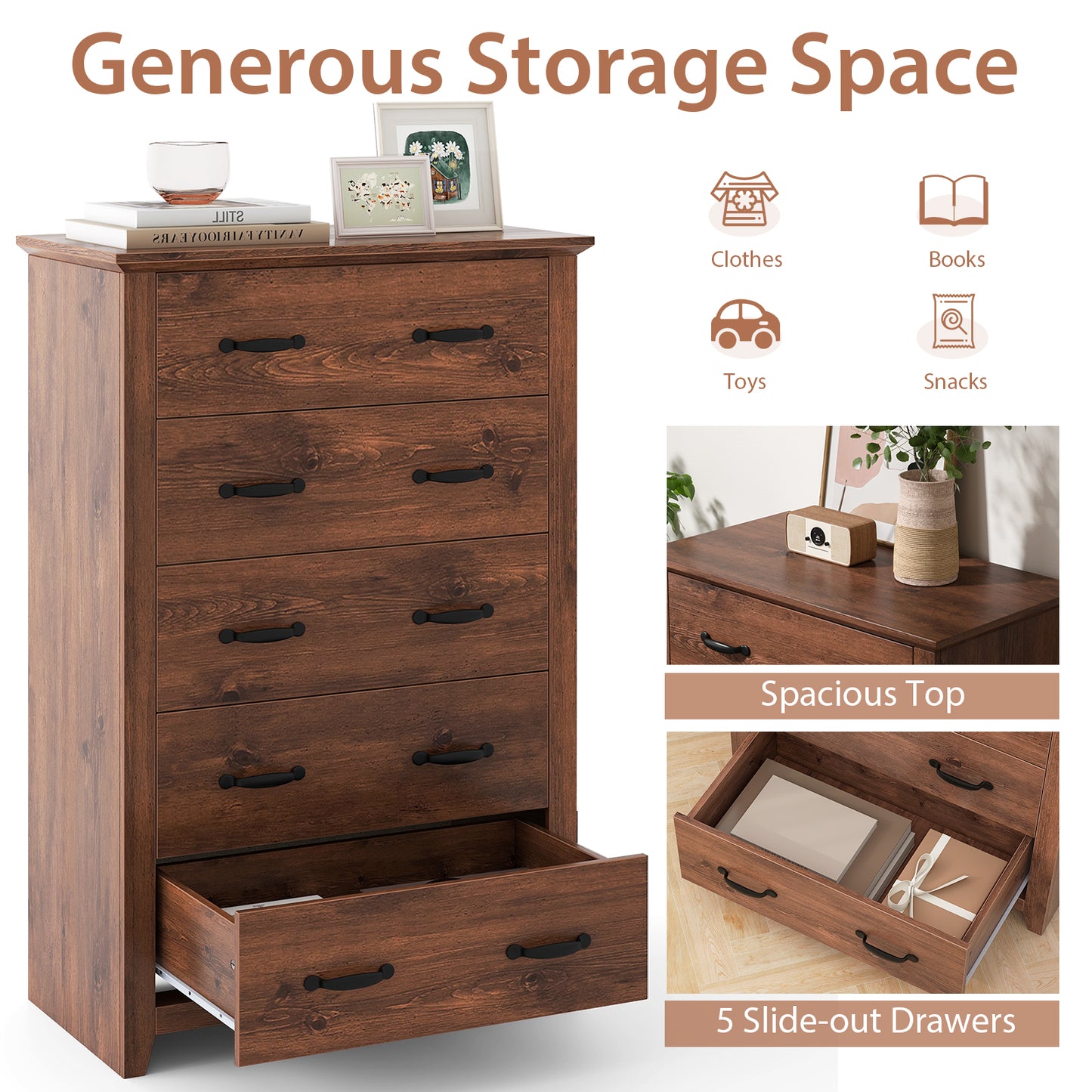 Tall Storage Dresser with 5 Pull-out Drawers for Bedroom Living Room-Walnut Kids Crystal