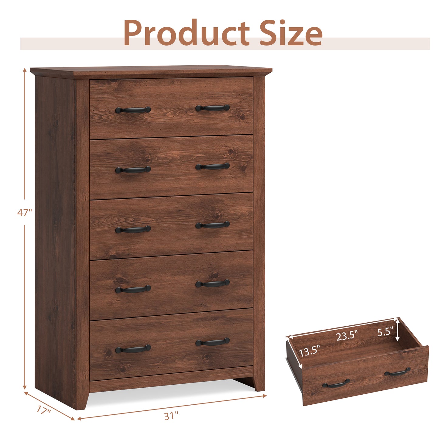 Tall Storage Dresser with 5 Pull-out Drawers for Bedroom Living Room-Walnut Kids Crystal