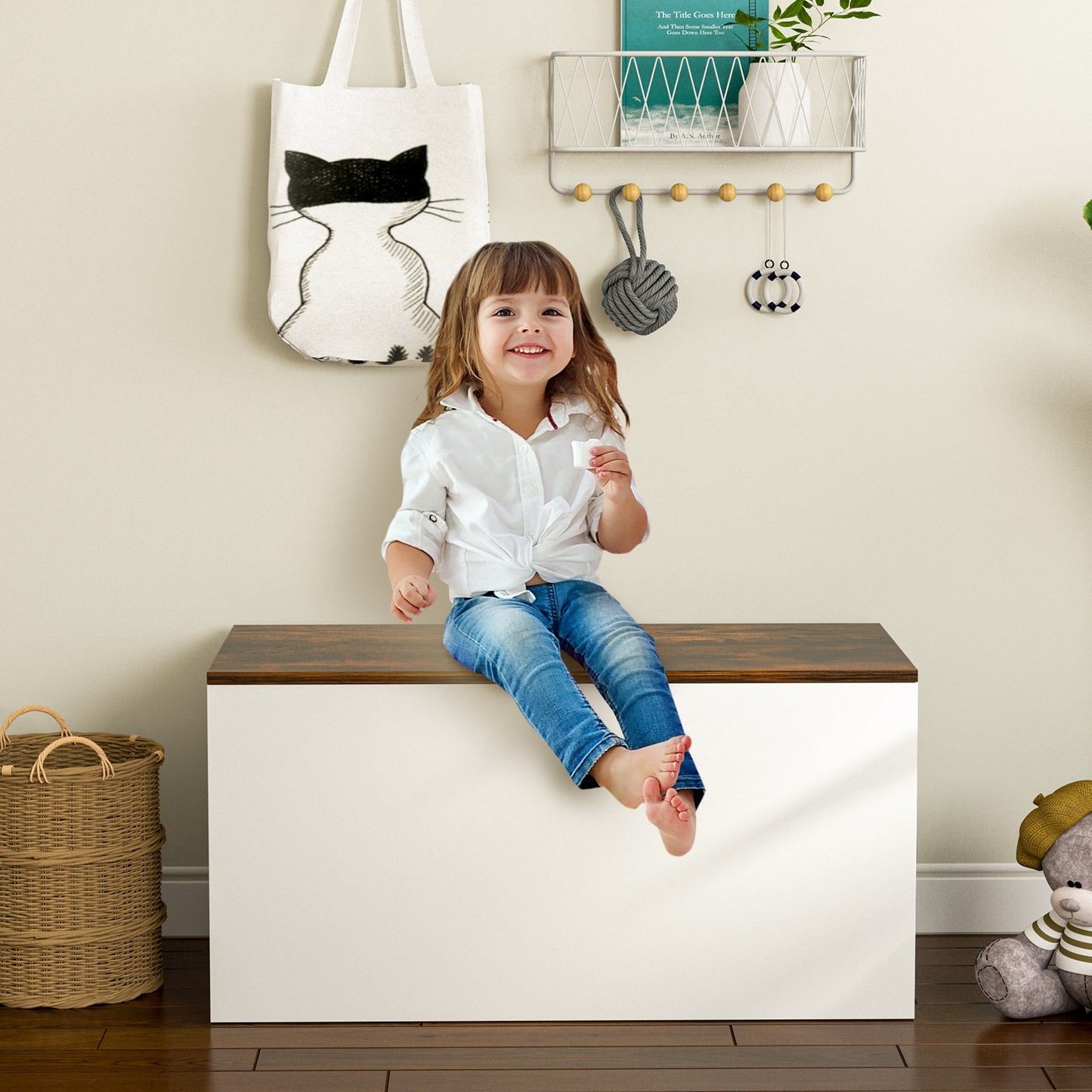 Flip-top Storage Chest with Self-hold Cover and Pneumatic Rod-White Kids Crystal