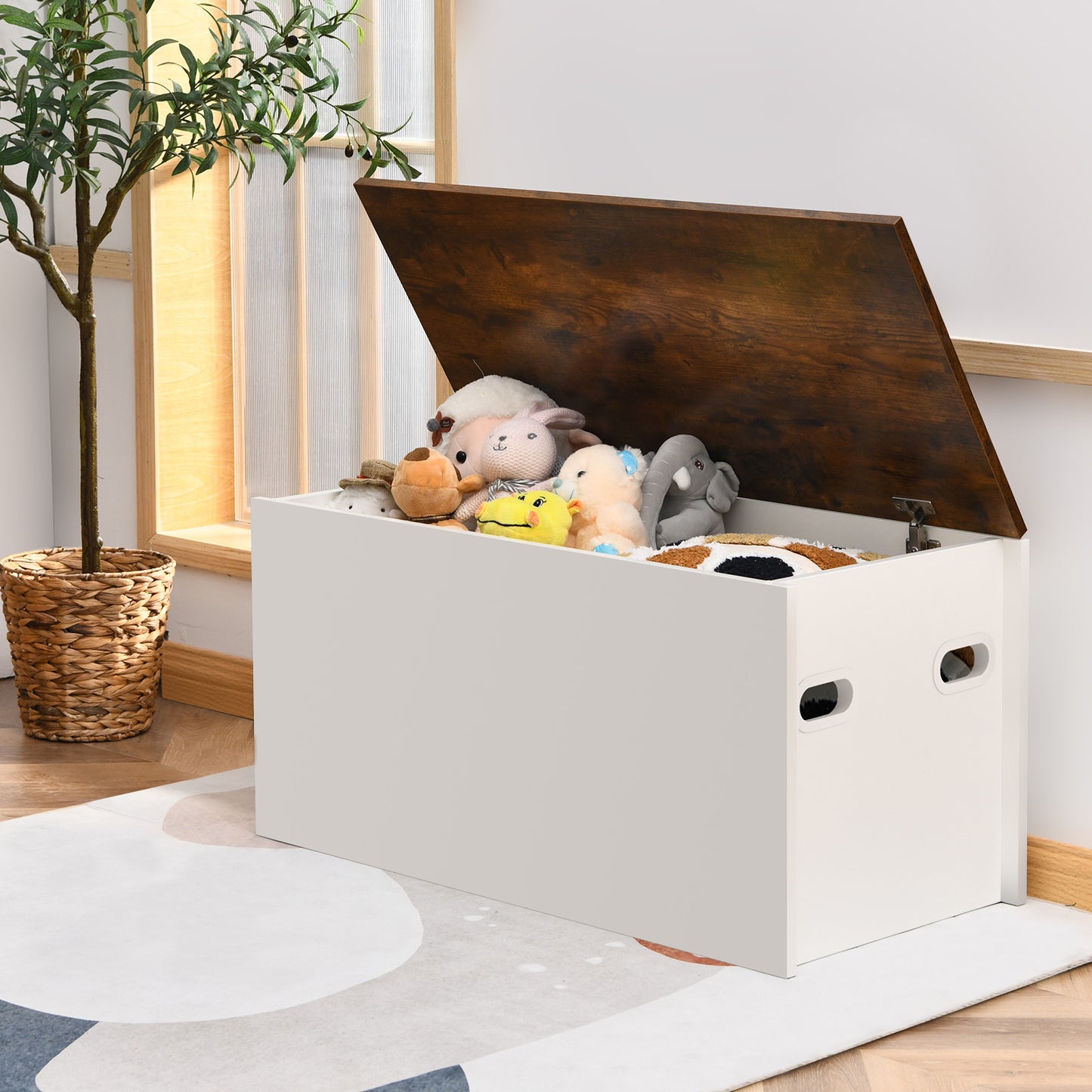 Flip-top Storage Chest with Self-hold Cover and Pneumatic Rod-White Kids Crystal