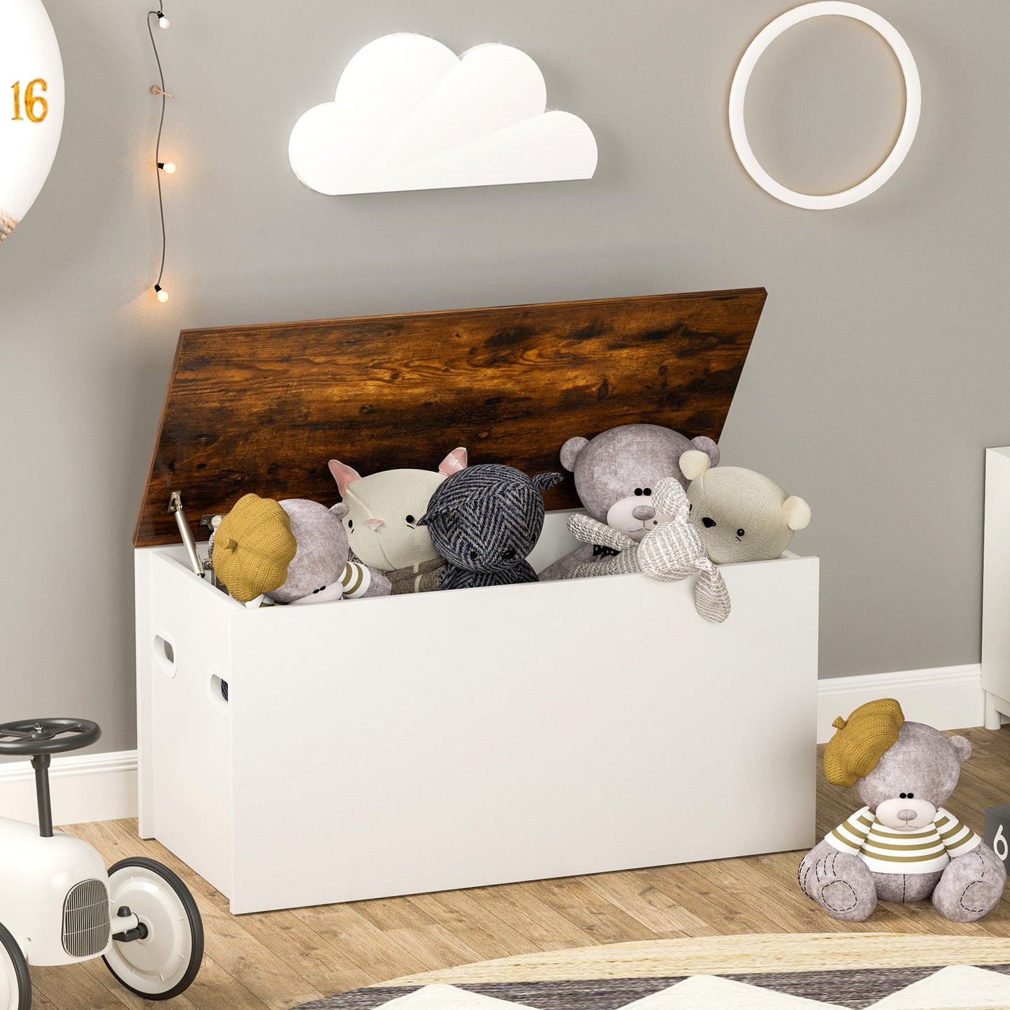 Flip-top Storage Chest with Self-hold Cover and Pneumatic Rod-White Kids Crystal